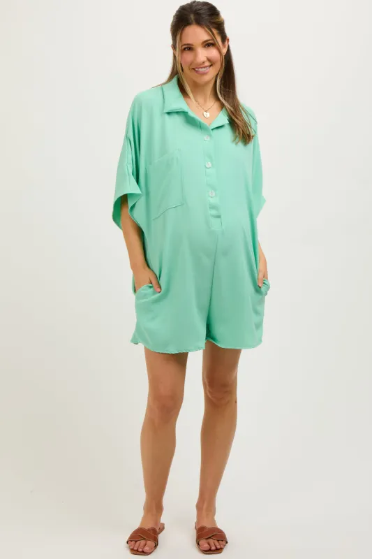 Mint Green Collared Front Button Maternity Romper sold by Pinkblush