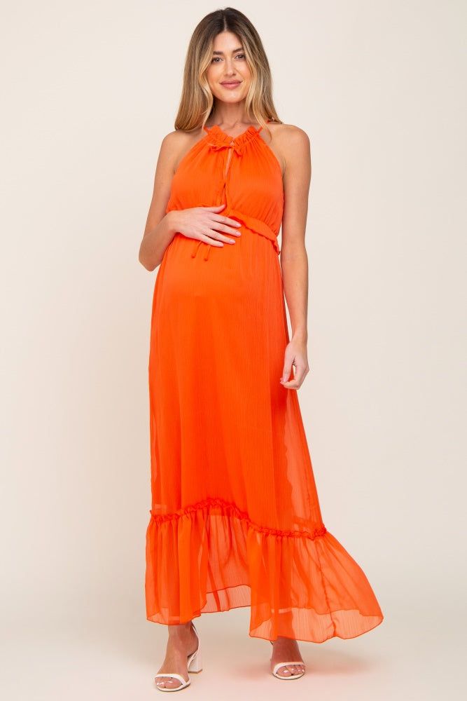 Orange Chiffon Ruffle Accent Halter Maternity Maxi Dress sold by Pinkblush