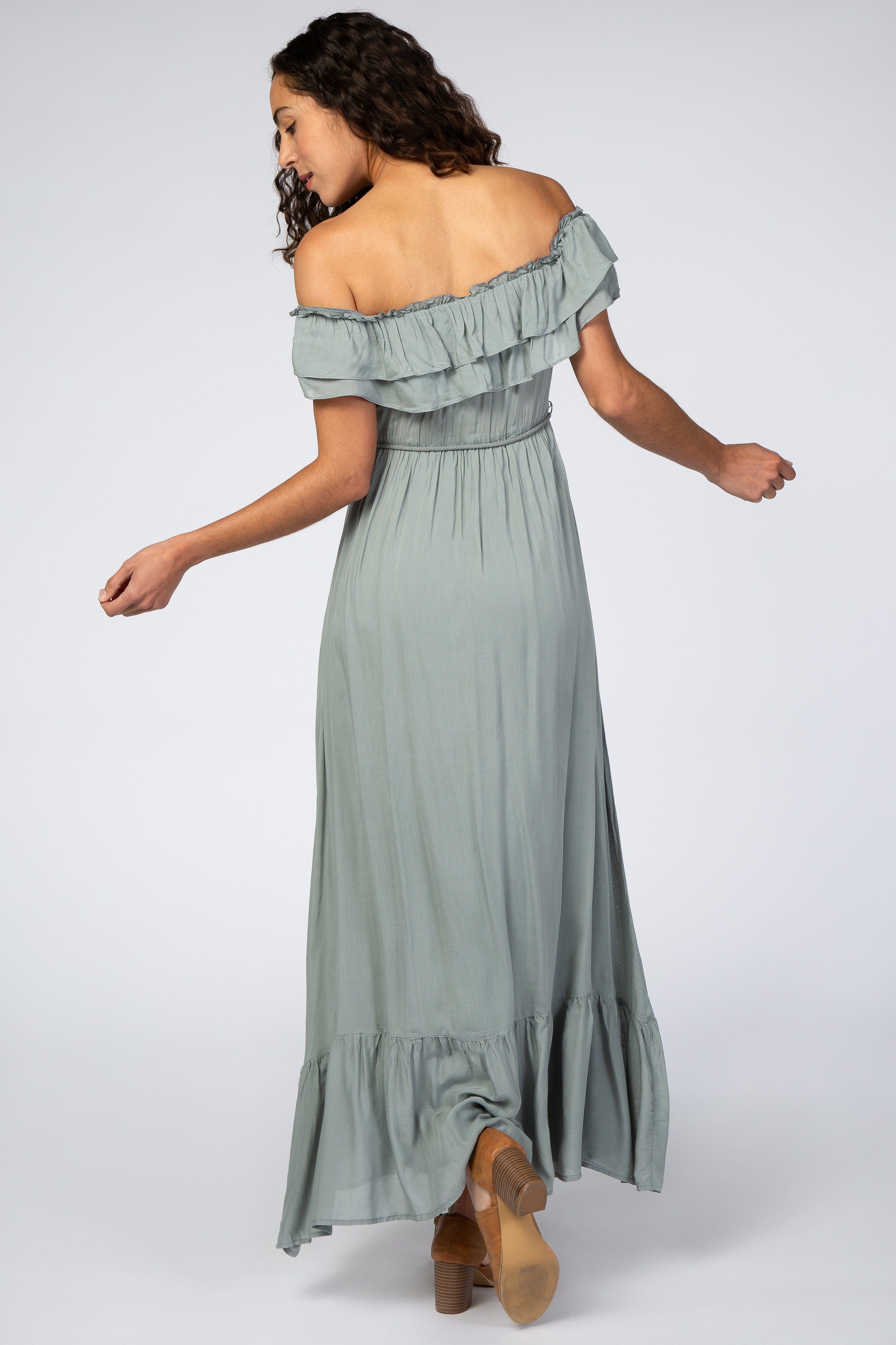 Sage Off Shoulder Tassel Tie Maxi Dress sold by Pinkblush product image thumbnail 3