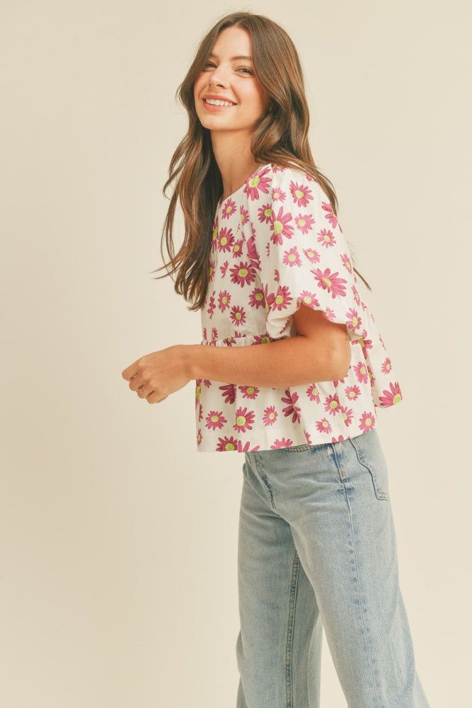 Pink Daisy Floral Bubble Sleeve Babydoll Top sold by Pinkblush product image thumbnail 2