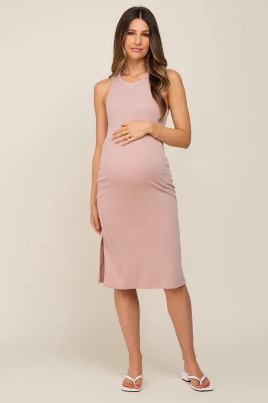 Mauve Ribbed Side Slit Maternity Midi Dress sold by Pinkblush