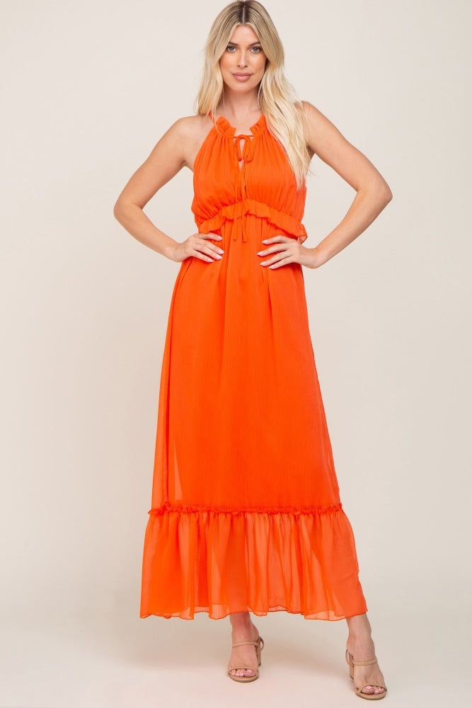 Orange Chiffon Ruffle Accent Halter Maternity Maxi Dress sold by Pinkblush product image thumbnail 5