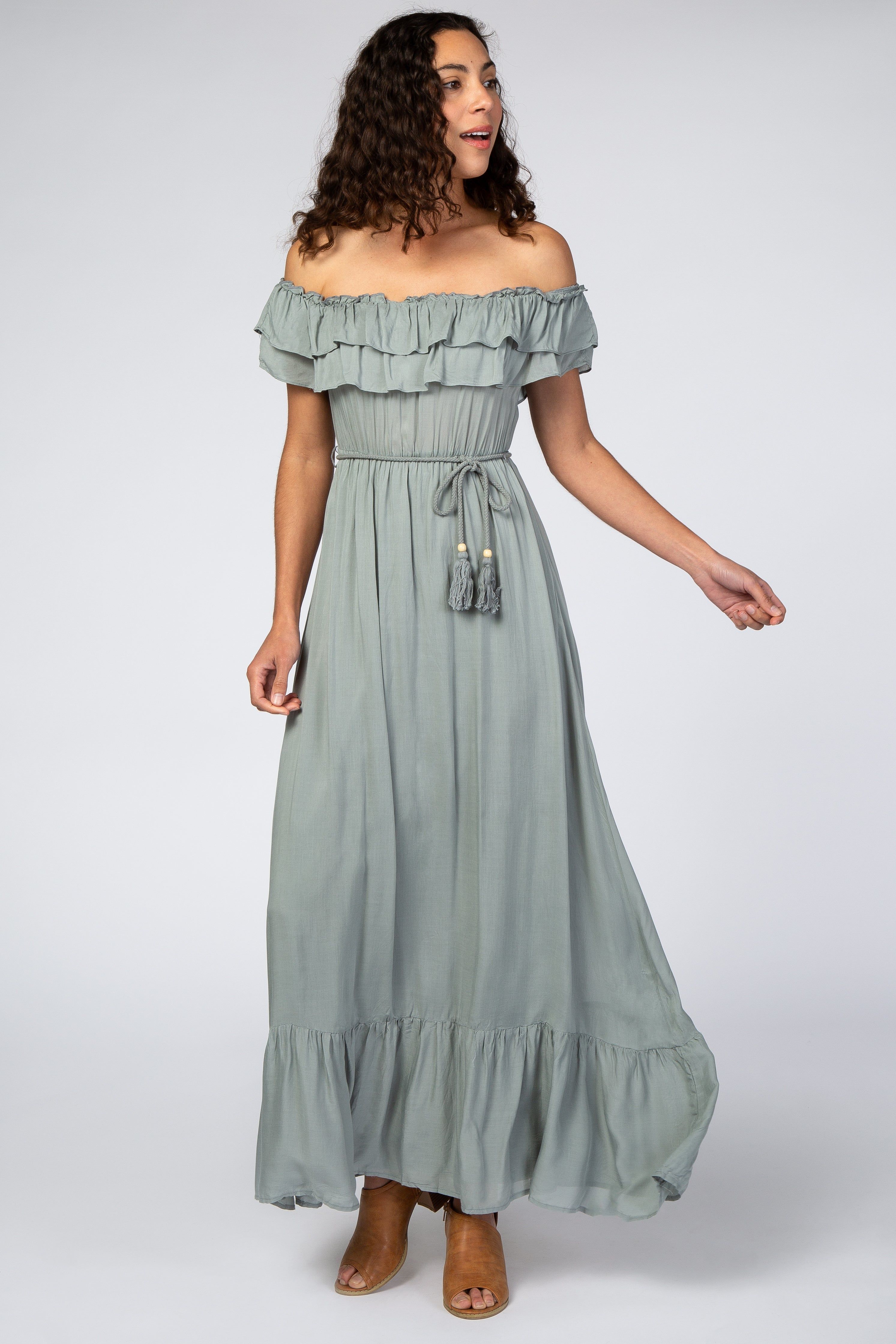Sage Off Shoulder Tassel Tie Maxi Dress sold by Pinkblush