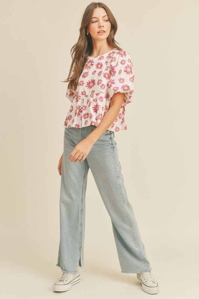 Pink Daisy Floral Bubble Sleeve Babydoll Top sold by Pinkblush product image thumbnail 3