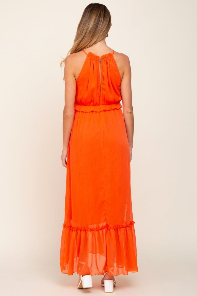 Orange Chiffon Ruffle Accent Halter Maternity Maxi Dress sold by Pinkblush product image thumbnail 3