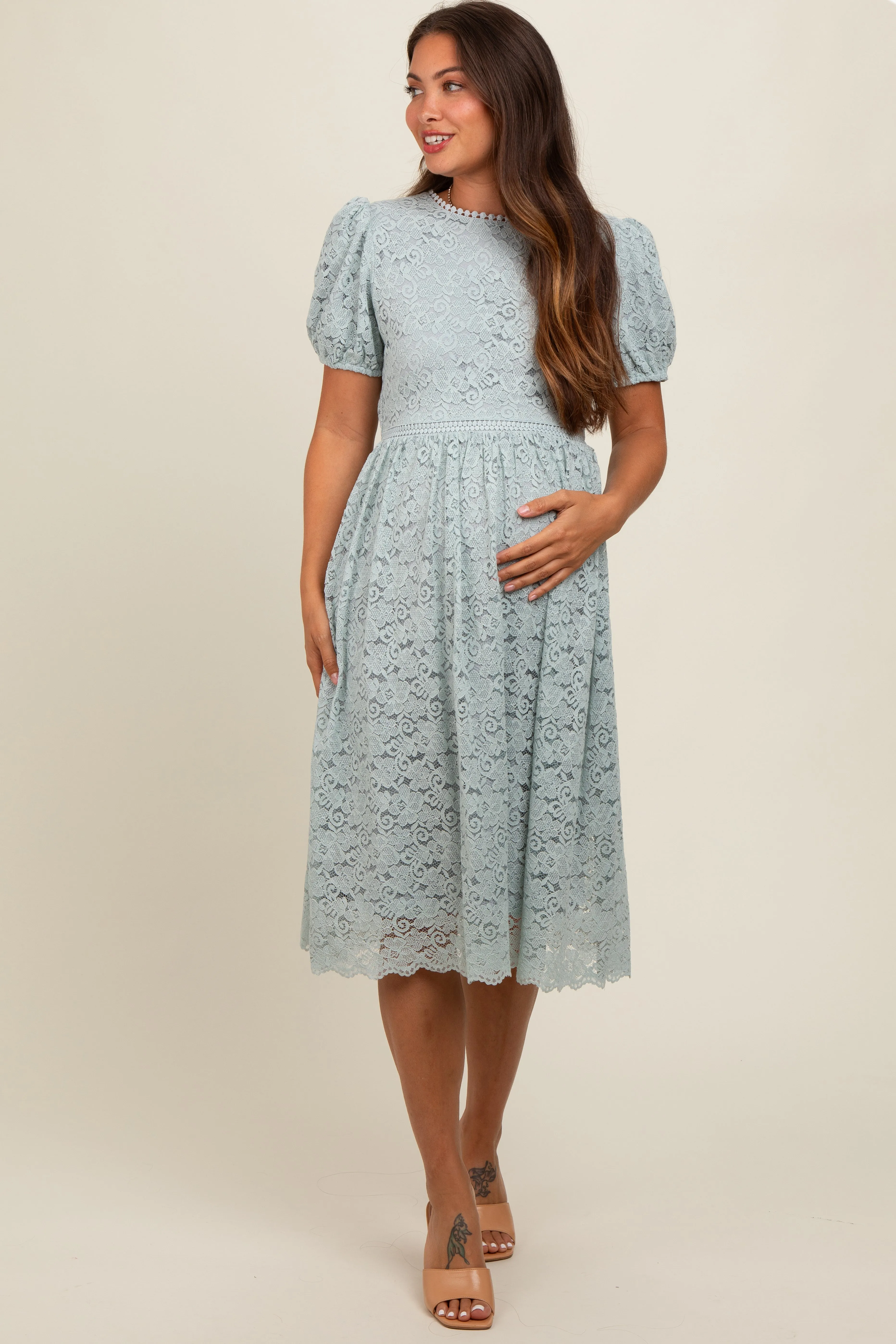 Light Olive Lace Maternity Midi Dress sold by Pinkblush