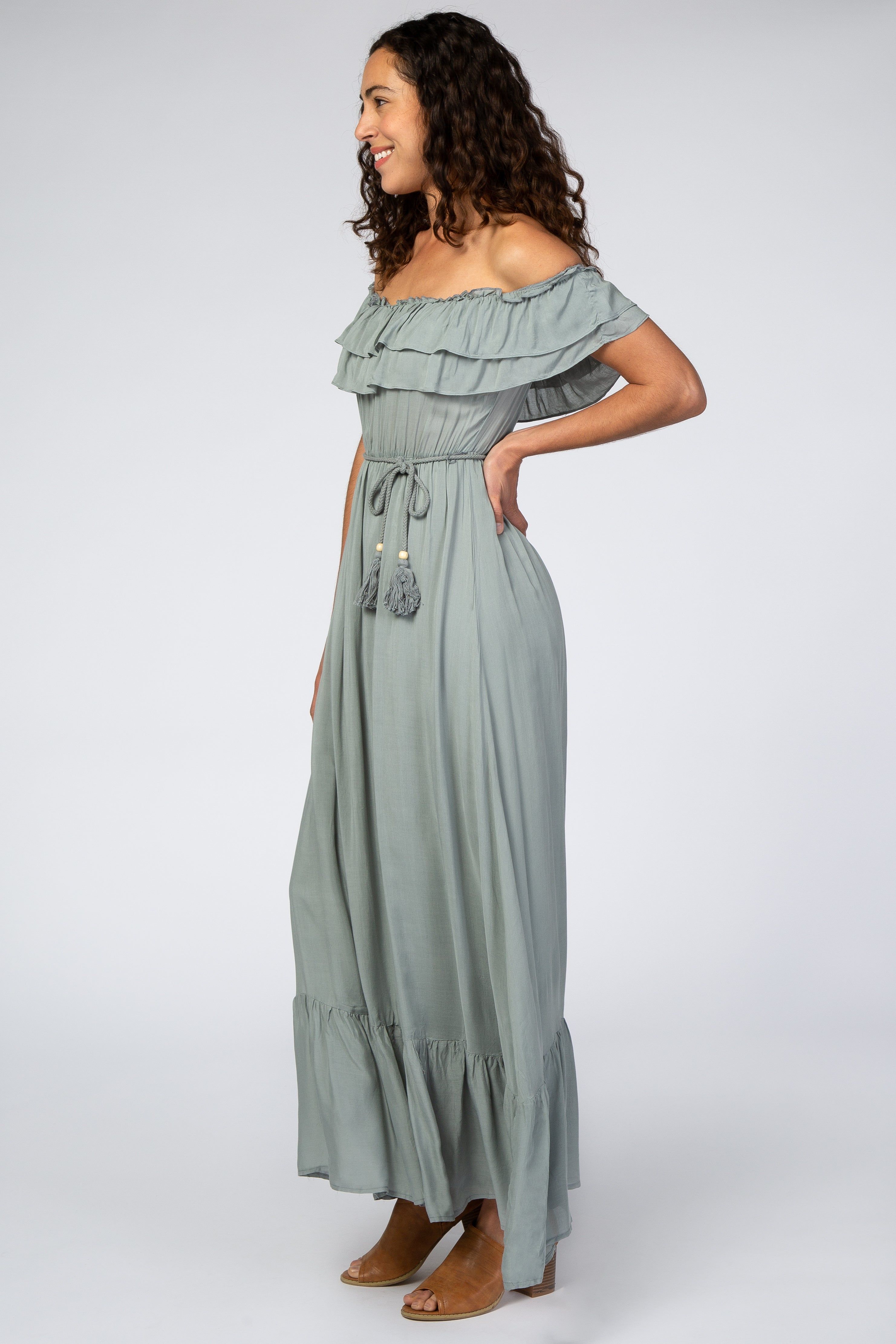 Sage Off Shoulder Tassel Tie Maxi Dress sold by Pinkblush product image thumbnail 2
