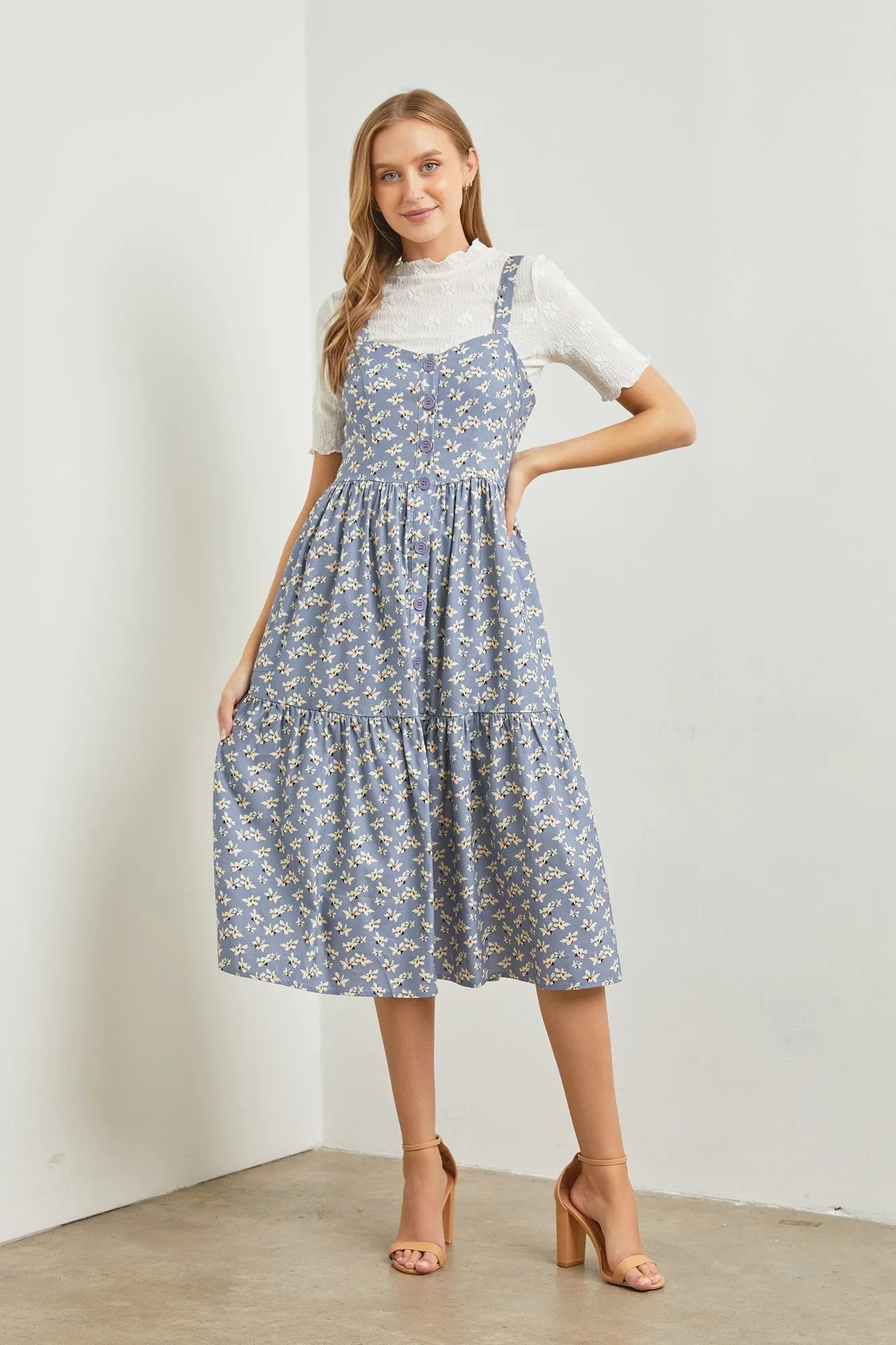 Blue Floral Sweetheart Neck Button Front Ruffle Maternity Midi Dress sold by Pinkblush product image thumbnail 5