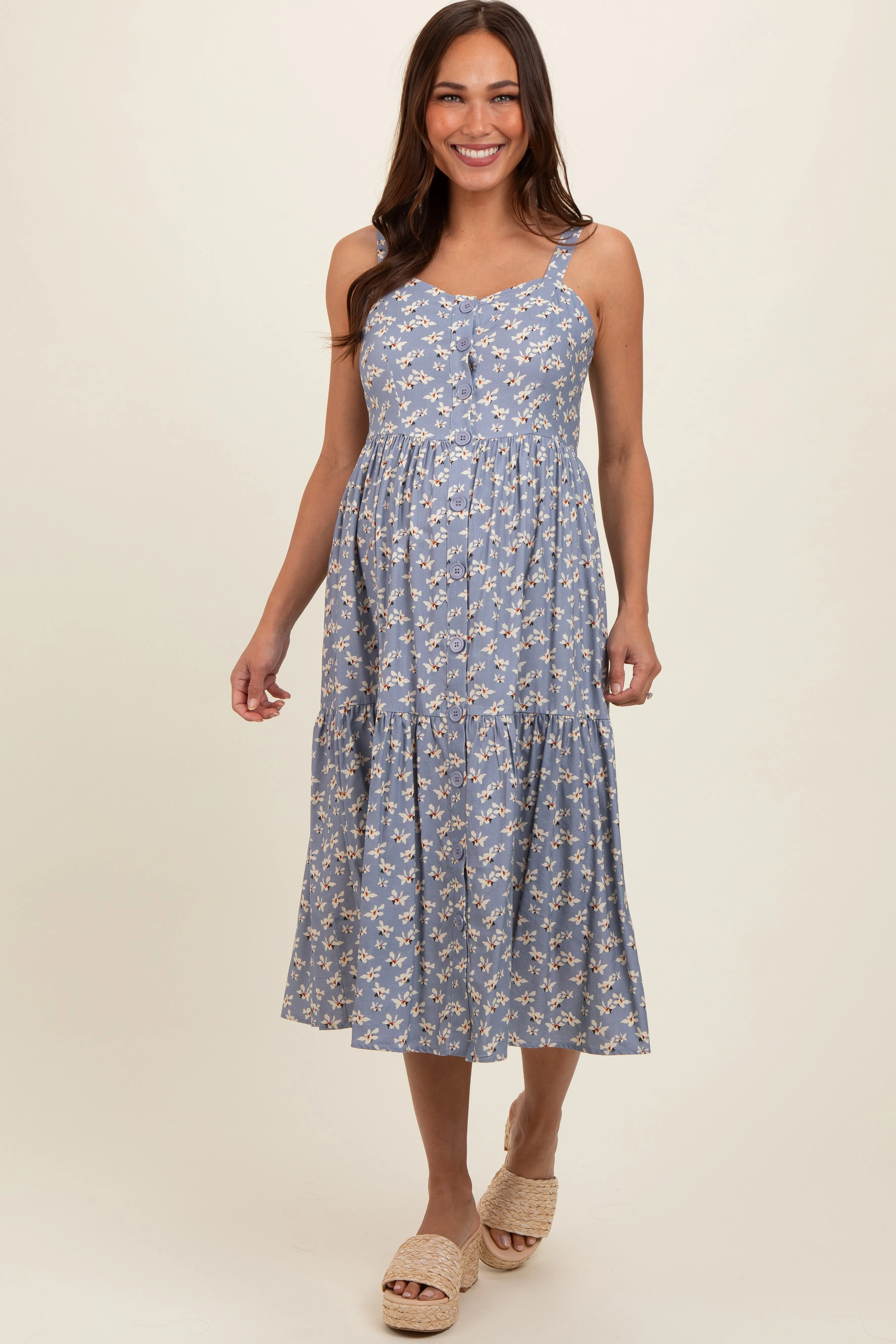Blue Floral Sweetheart Neck Button Front Ruffle Maternity Midi Dress sold by Pinkblush product image thumbnail 2
