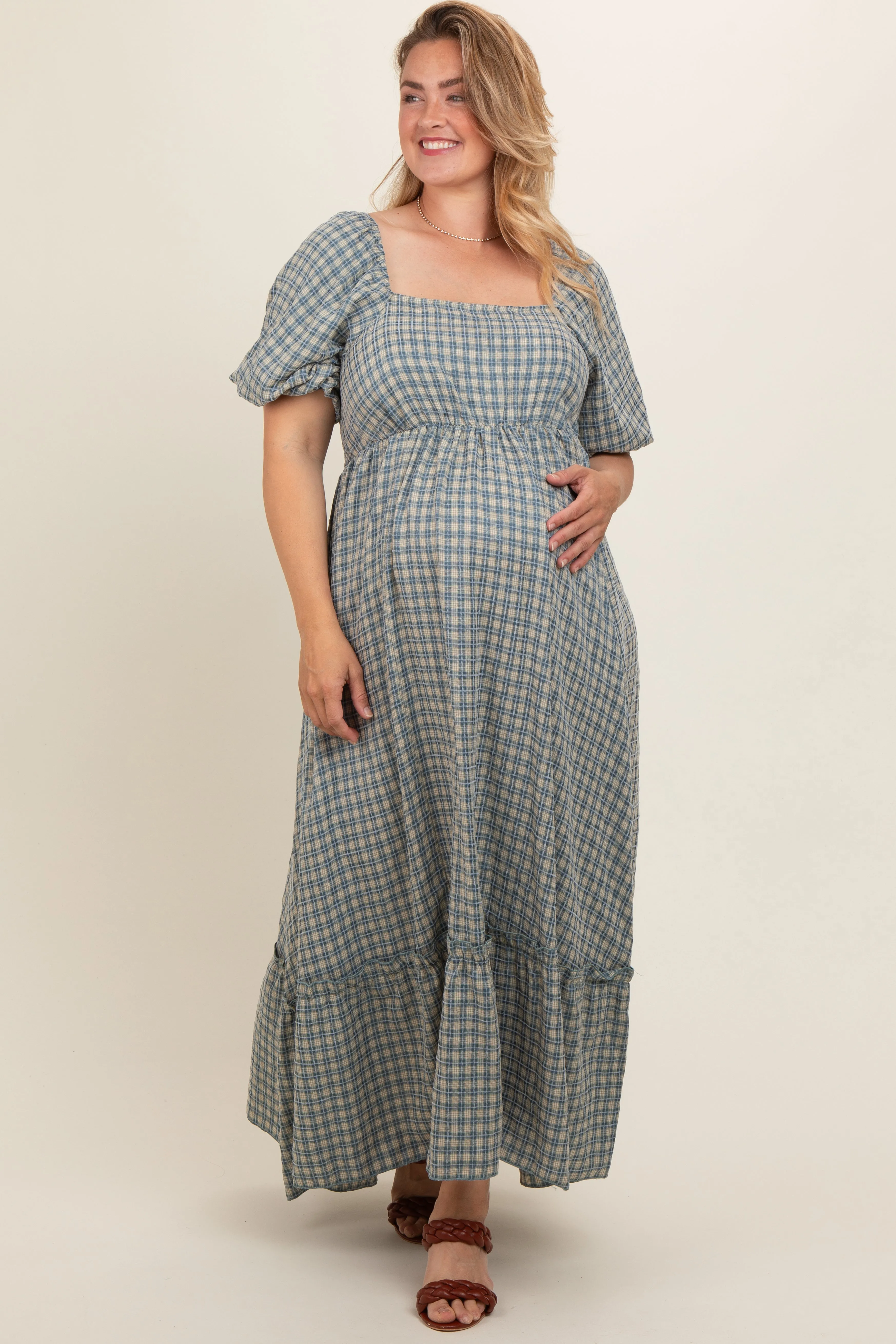 Blue Plaid Puff Sleeve Maternity Plus Maxi Dress sold by Pinkblush product image thumbnail 2