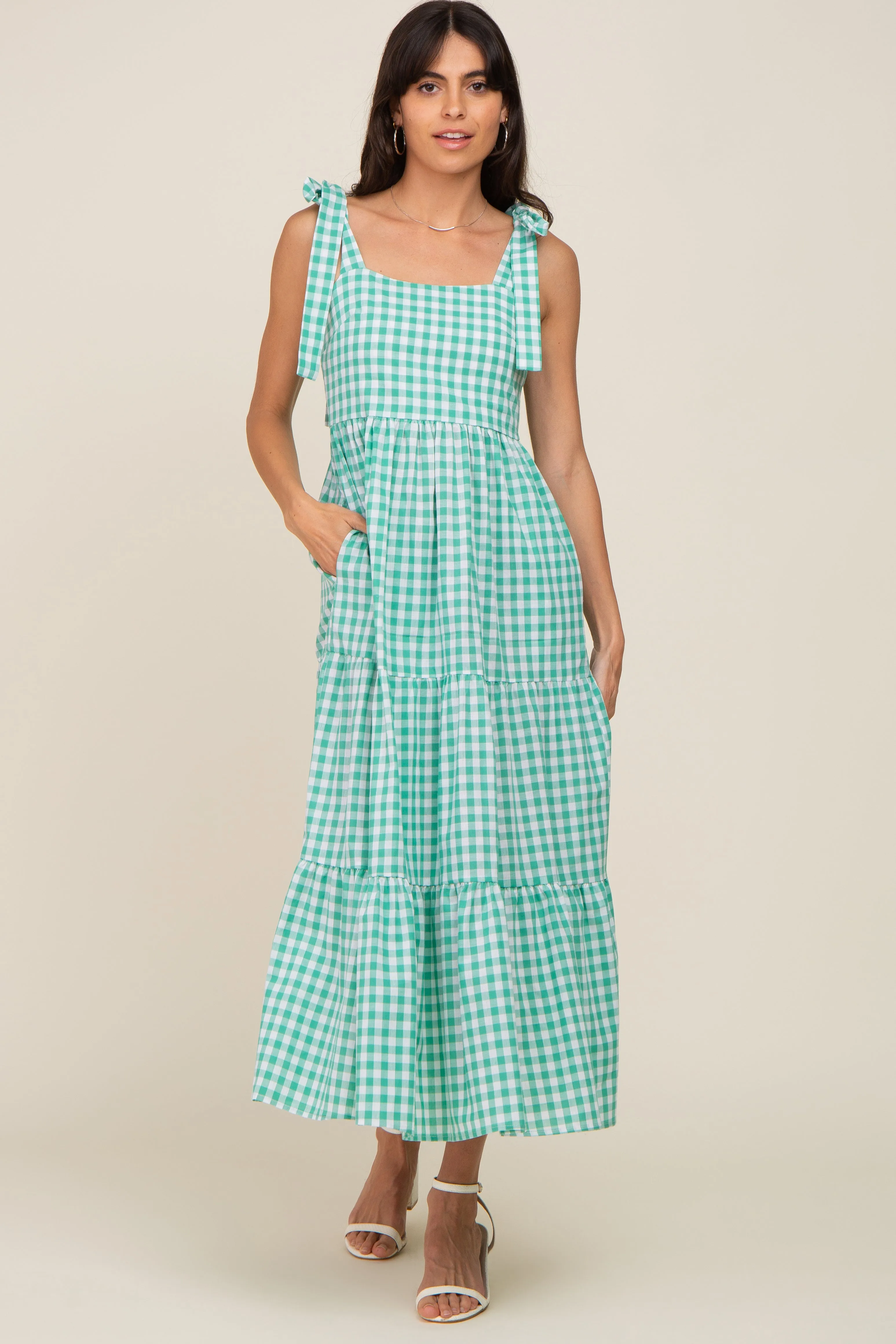 Green Checkered Sleeveless Tiered Maxi Dress sold by Pinkblush product image thumbnail 5