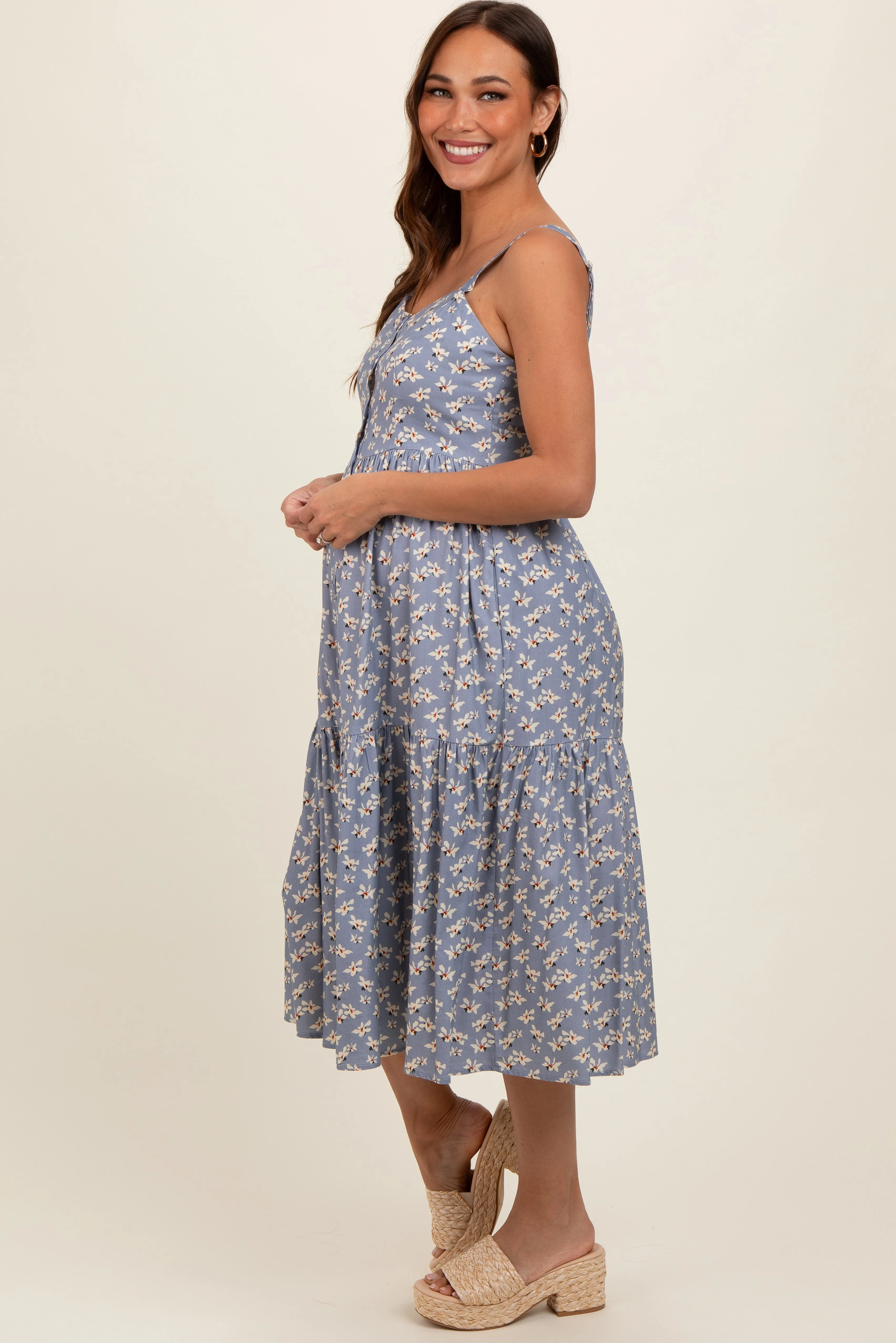 Blue Floral Sweetheart Neck Button Front Ruffle Maternity Midi Dress sold by Pinkblush product image thumbnail 3