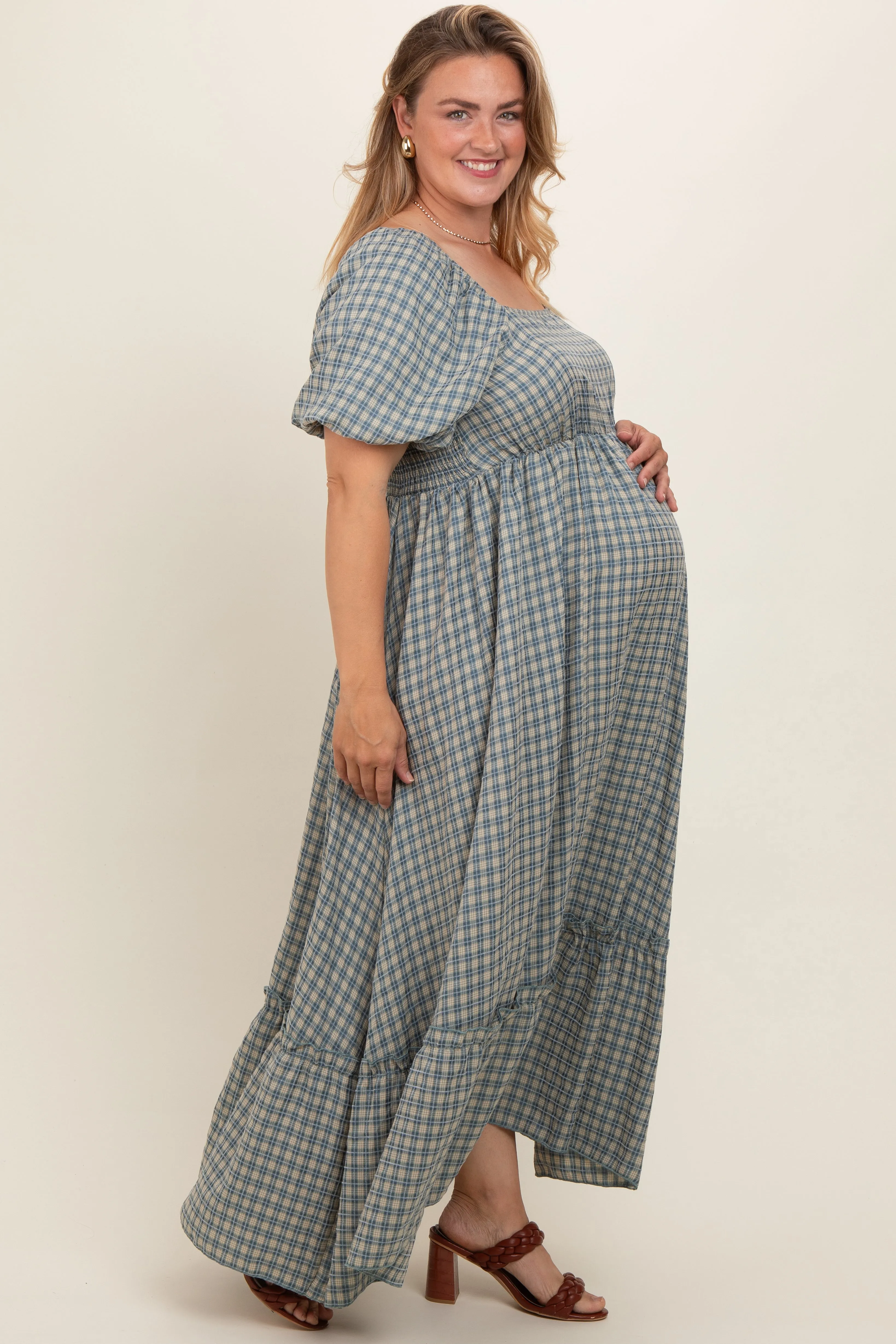 Blue Plaid Puff Sleeve Maternity Plus Maxi Dress sold by Pinkblush product image thumbnail 3