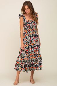 Black Floral Sleeveless Ruffle Maxi Dress sold by Pinkblush