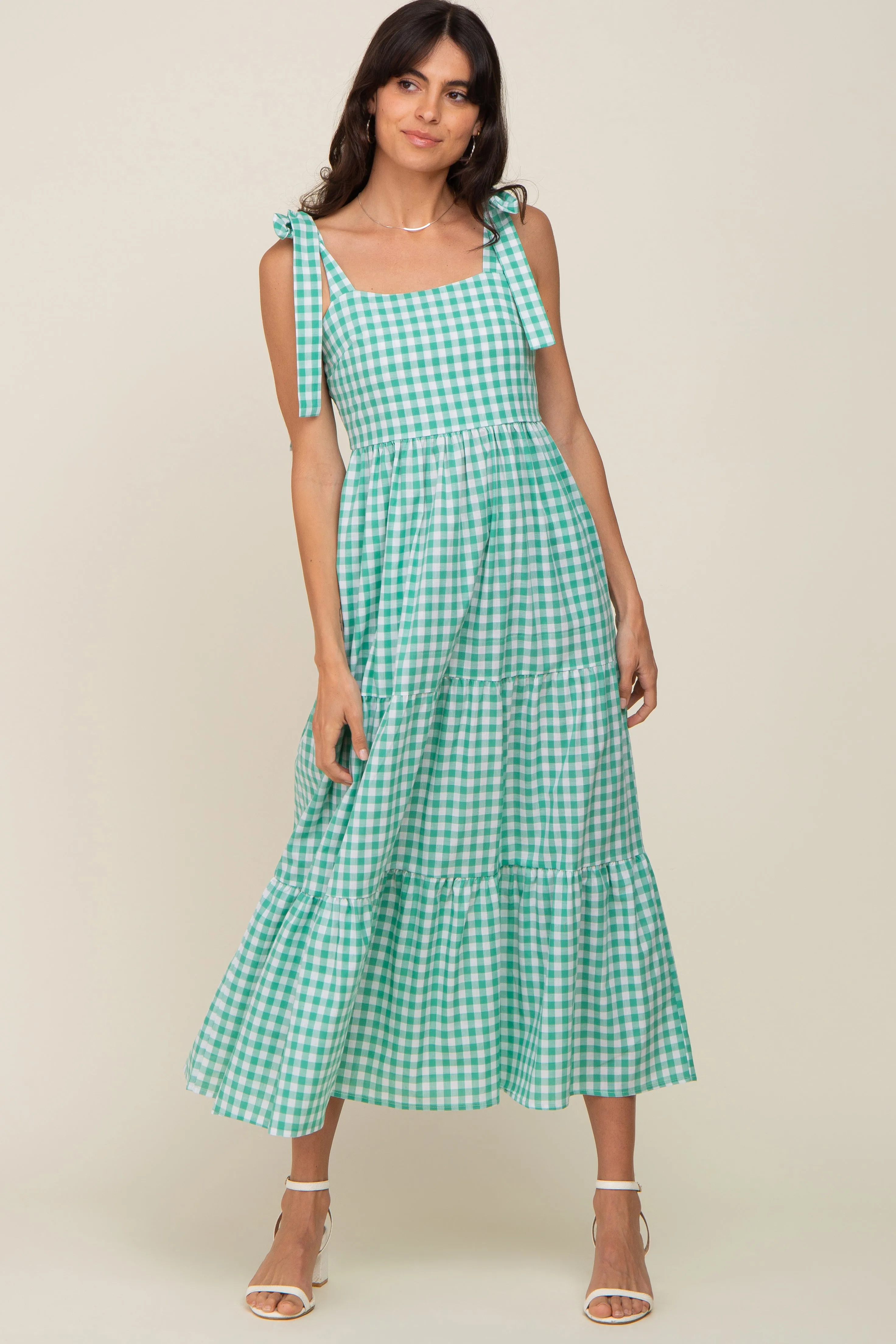 Green Checkered Sleeveless Tiered Maxi Dress sold by Pinkblush product image thumbnail 4