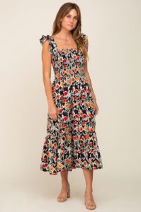Black Floral Sleeveless Ruffle Maxi Dress sold by Pinkblush