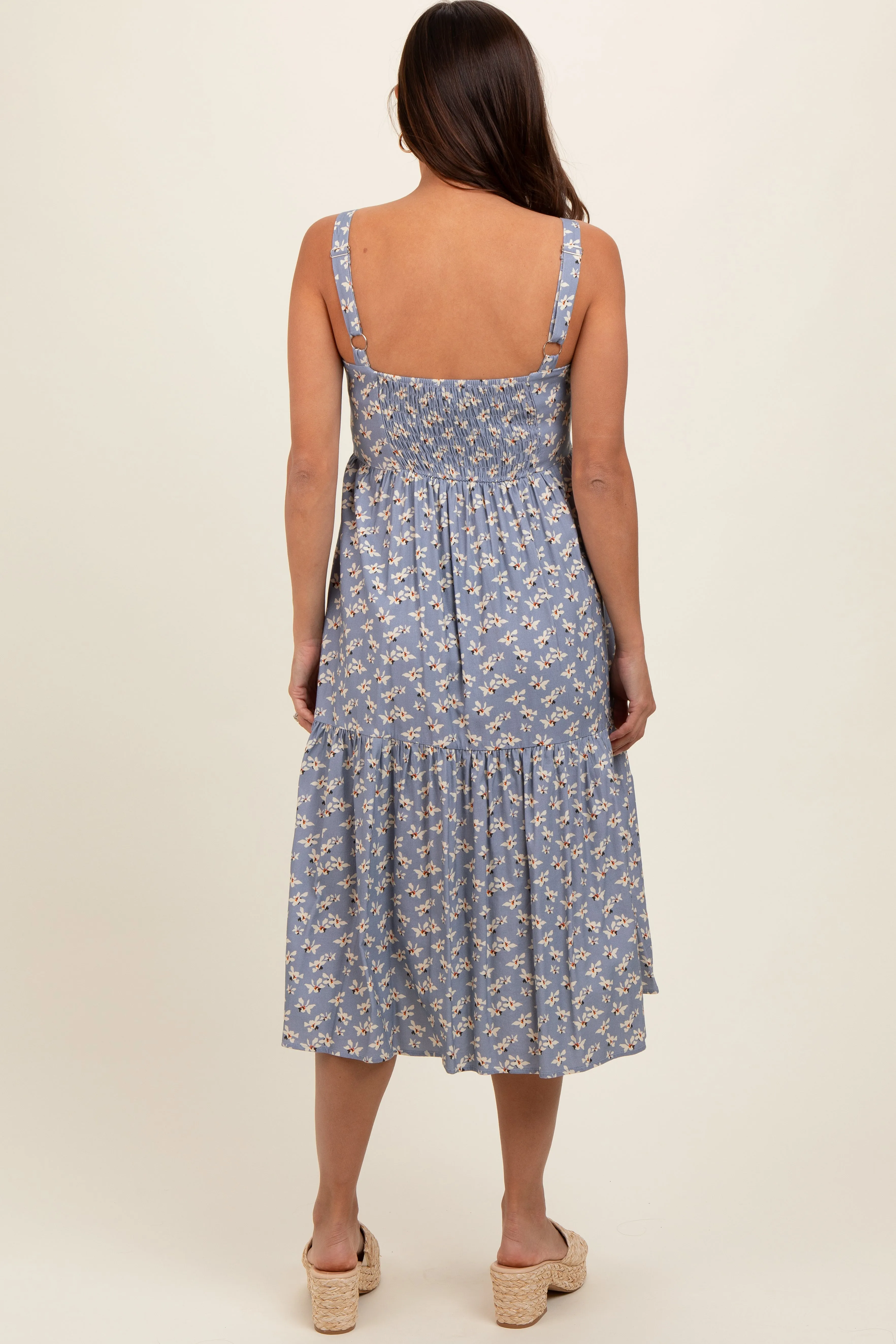 Blue Floral Sweetheart Neck Button Front Ruffle Maternity Midi Dress sold by Pinkblush product image thumbnail 4