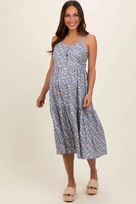 Blue Floral Sweetheart Neck Button Front Ruffle Maternity Midi Dress sold by Pinkblush