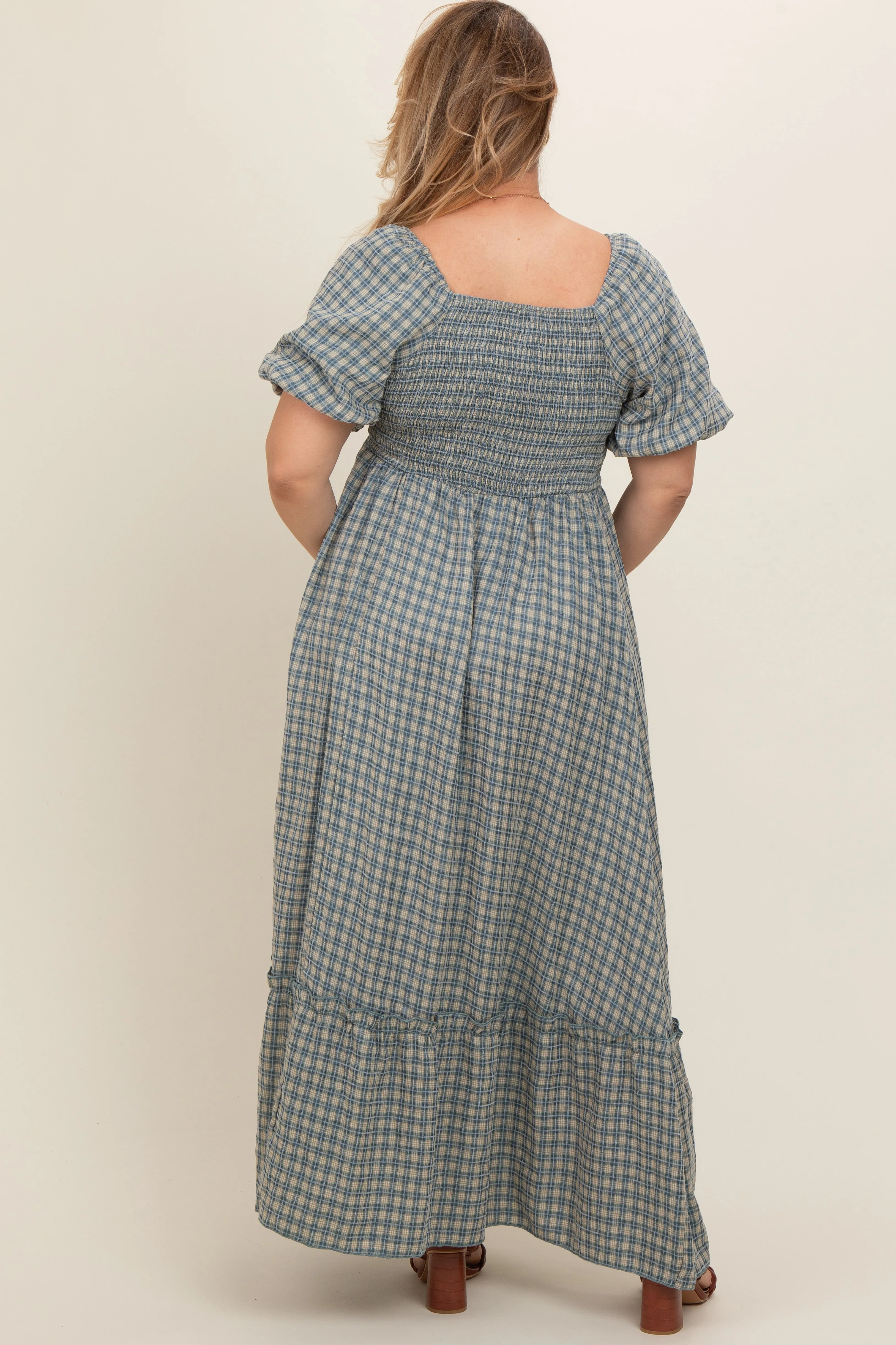Blue Plaid Puff Sleeve Maternity Plus Maxi Dress sold by Pinkblush product image thumbnail 4