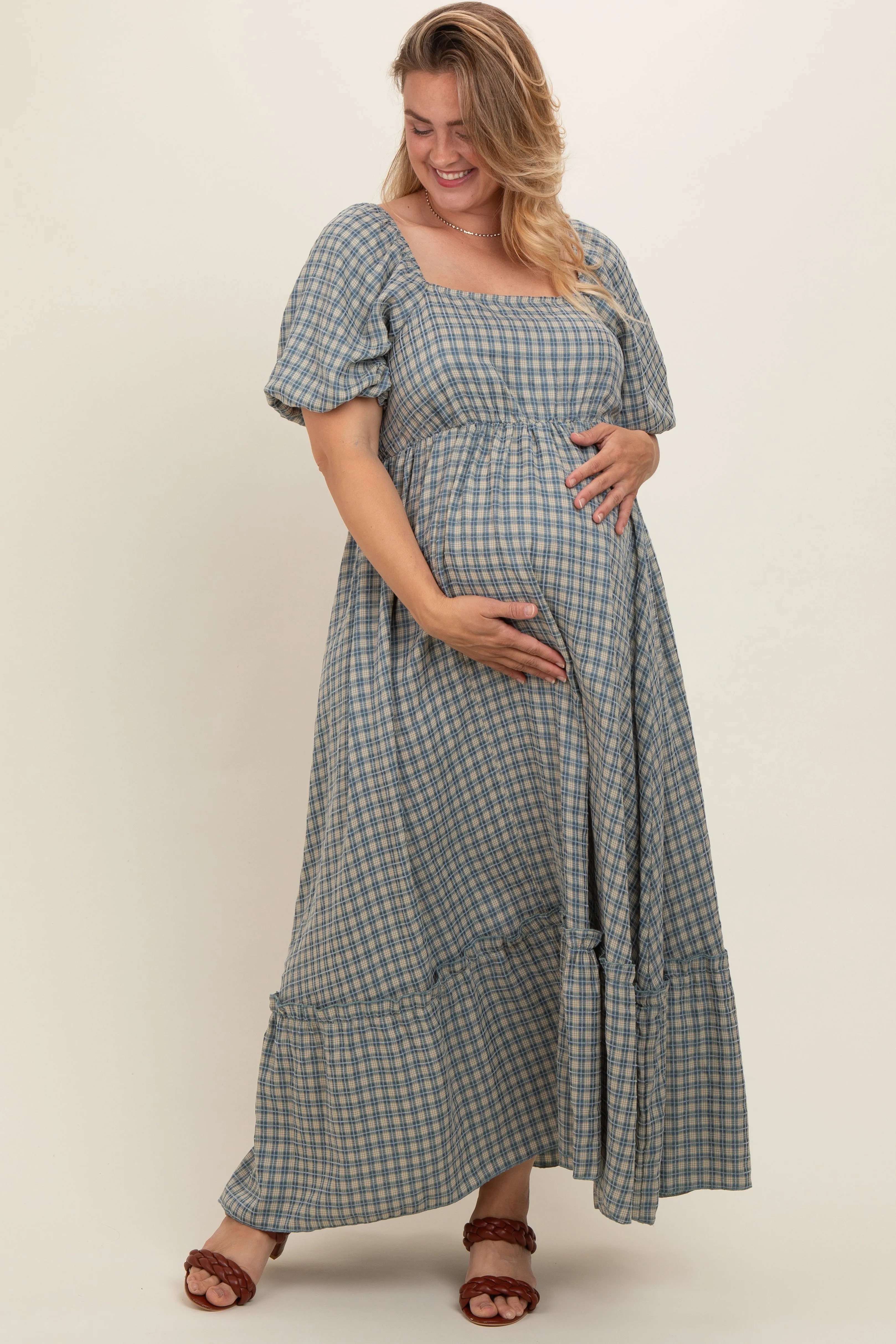 Blue Plaid Puff Sleeve Maternity Plus Maxi Dress sold by Pinkblush