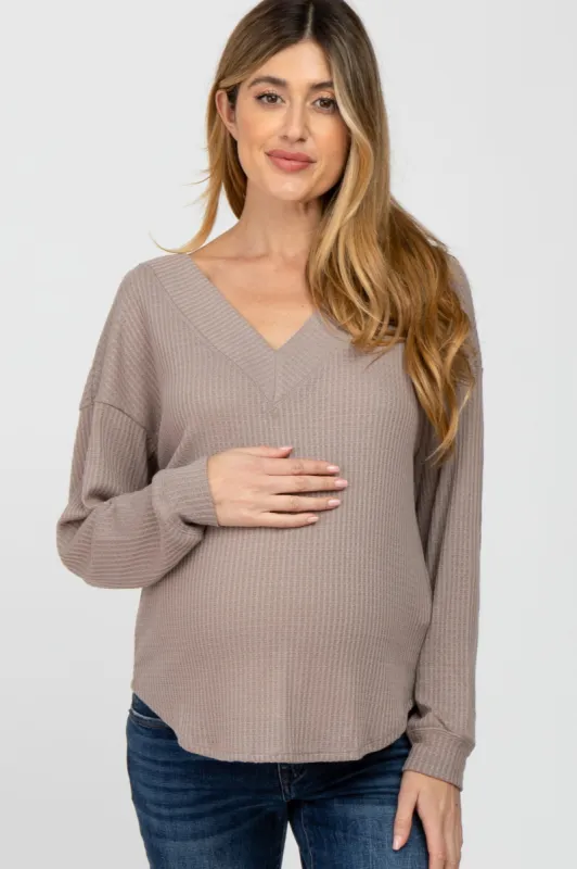Taupe V Neck Waffle Knit Maternity Top sold by Pinkblush