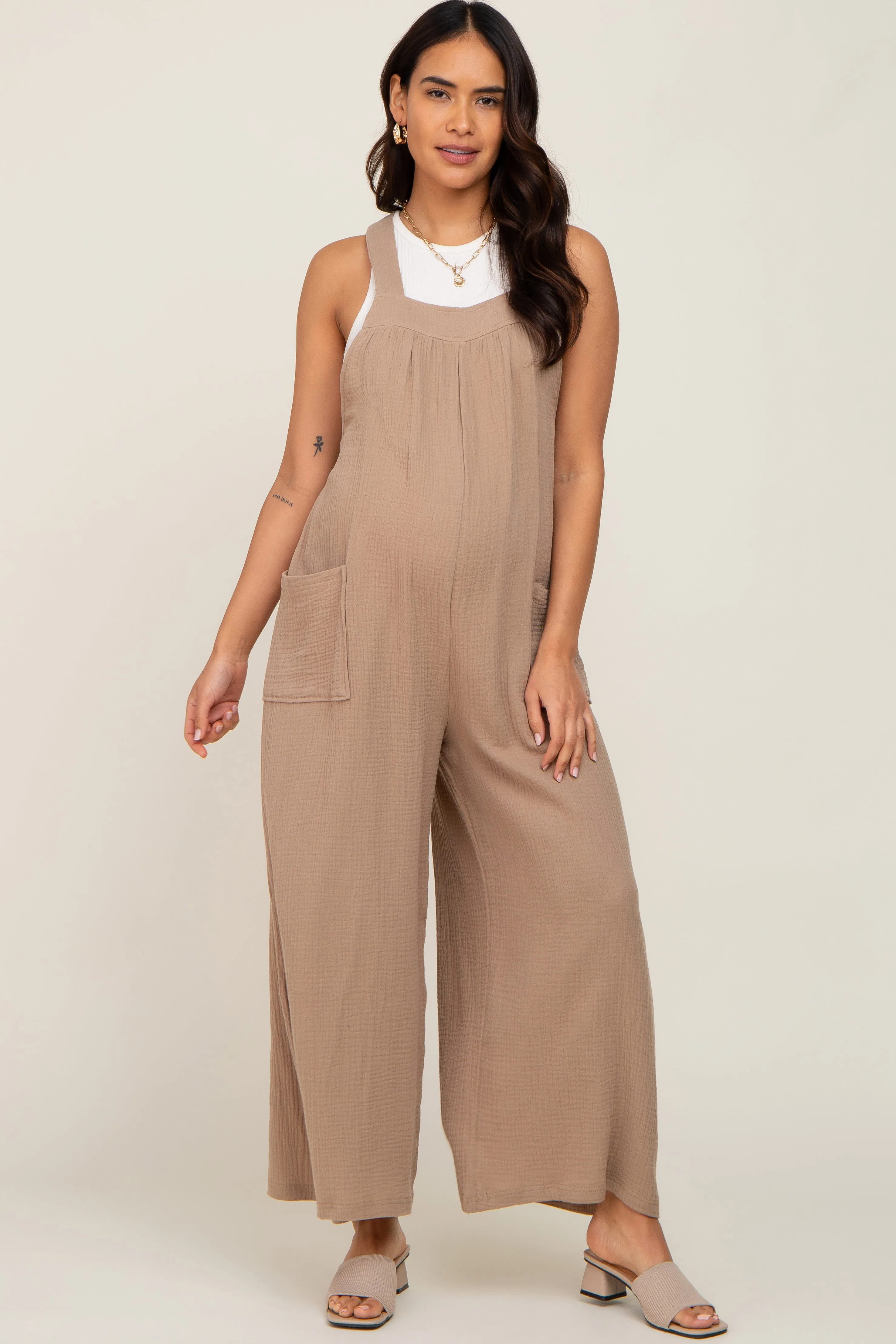 Beige Wide Leg Tie Back Maternity Overalls sold by Pinkblush product image thumbnail 5