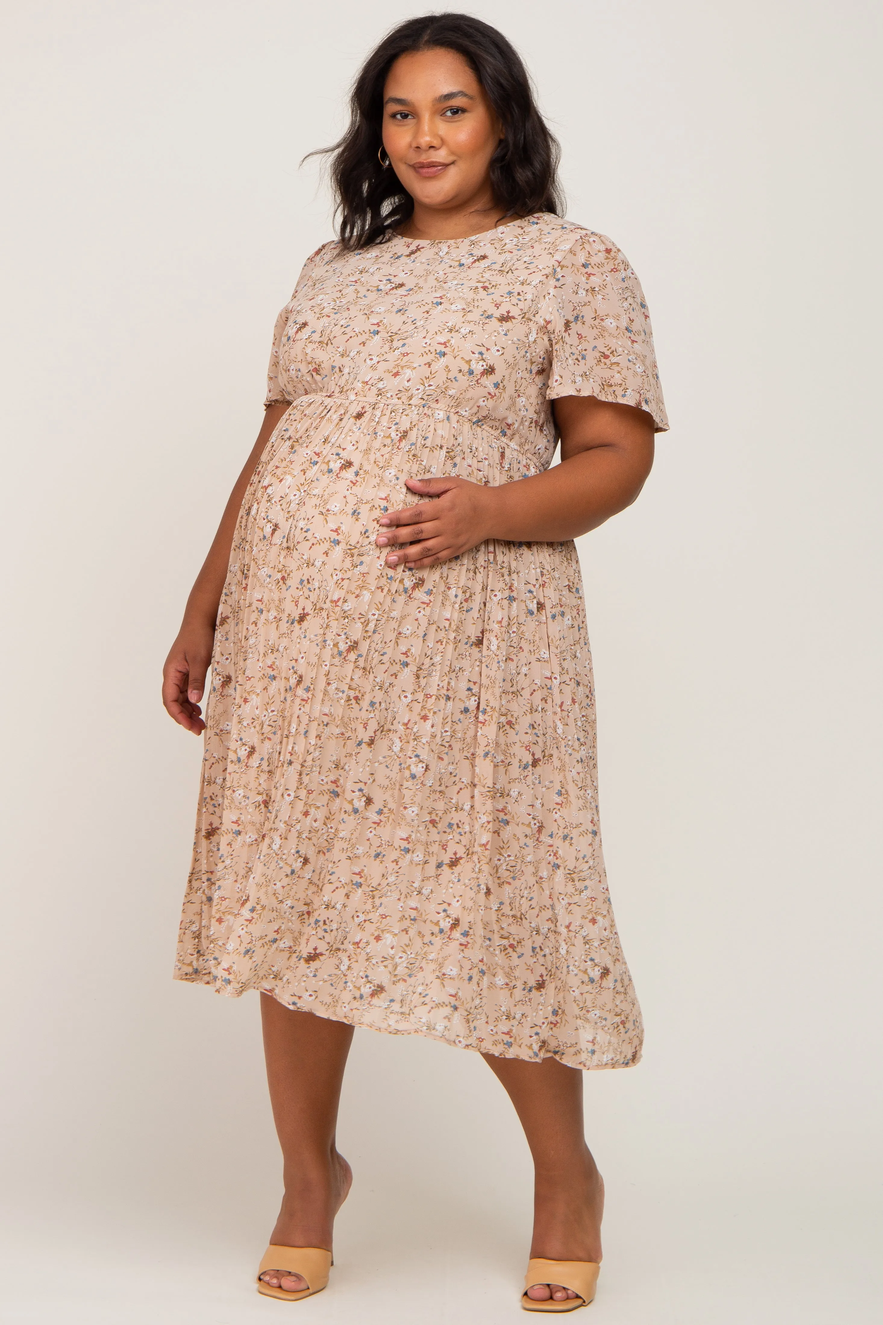 Beige Floral Pleated Chiffon Maternity Plus Midi Dress sold by Pinkblush