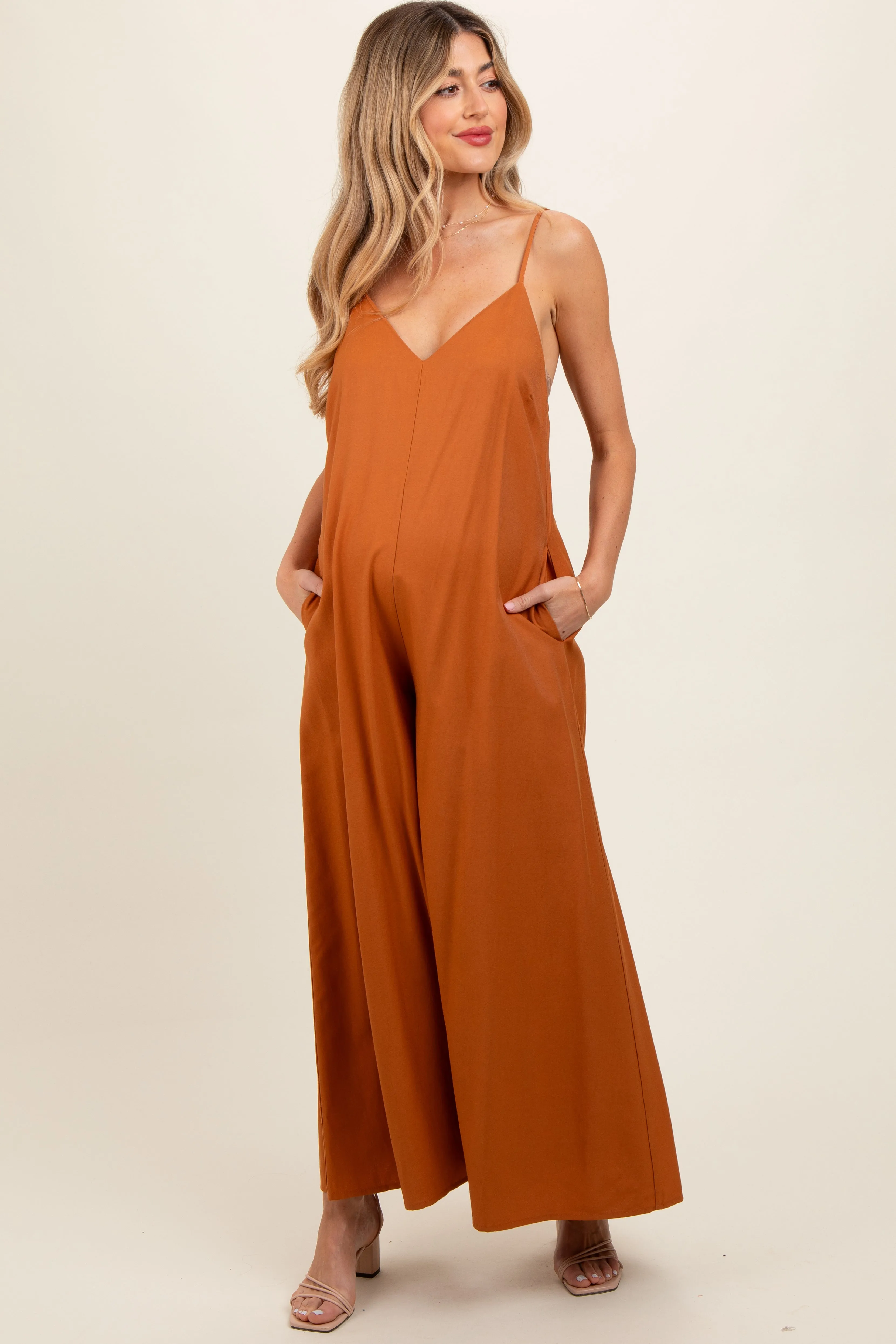 Rust V-Neck Sleeveless Wide Leg Maternity Jumpsuit sold by Pinkblush