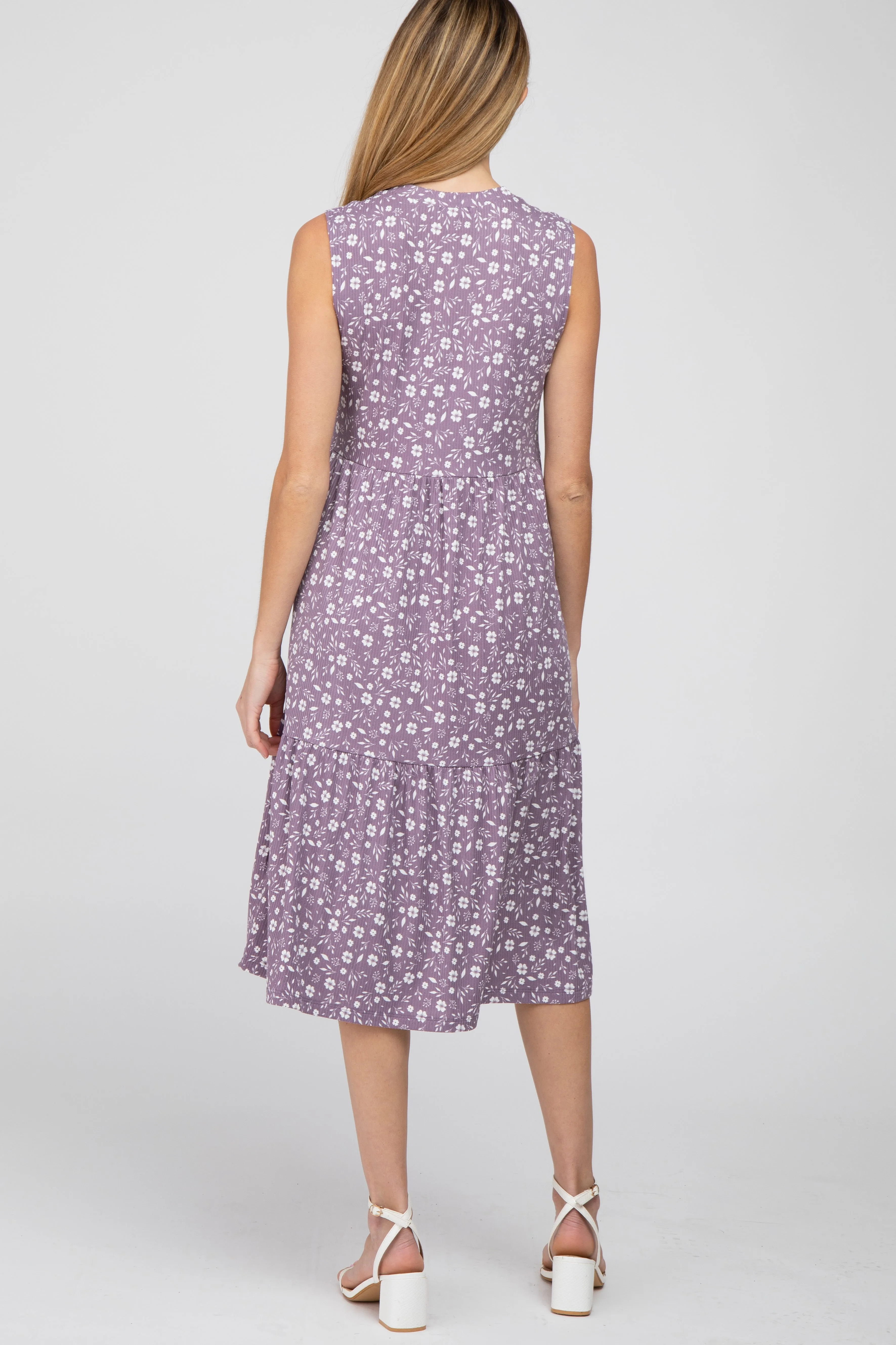 Purple Floral Ribbed Tiered Maternity Midi Dress sold by Pinkblush product image thumbnail 3