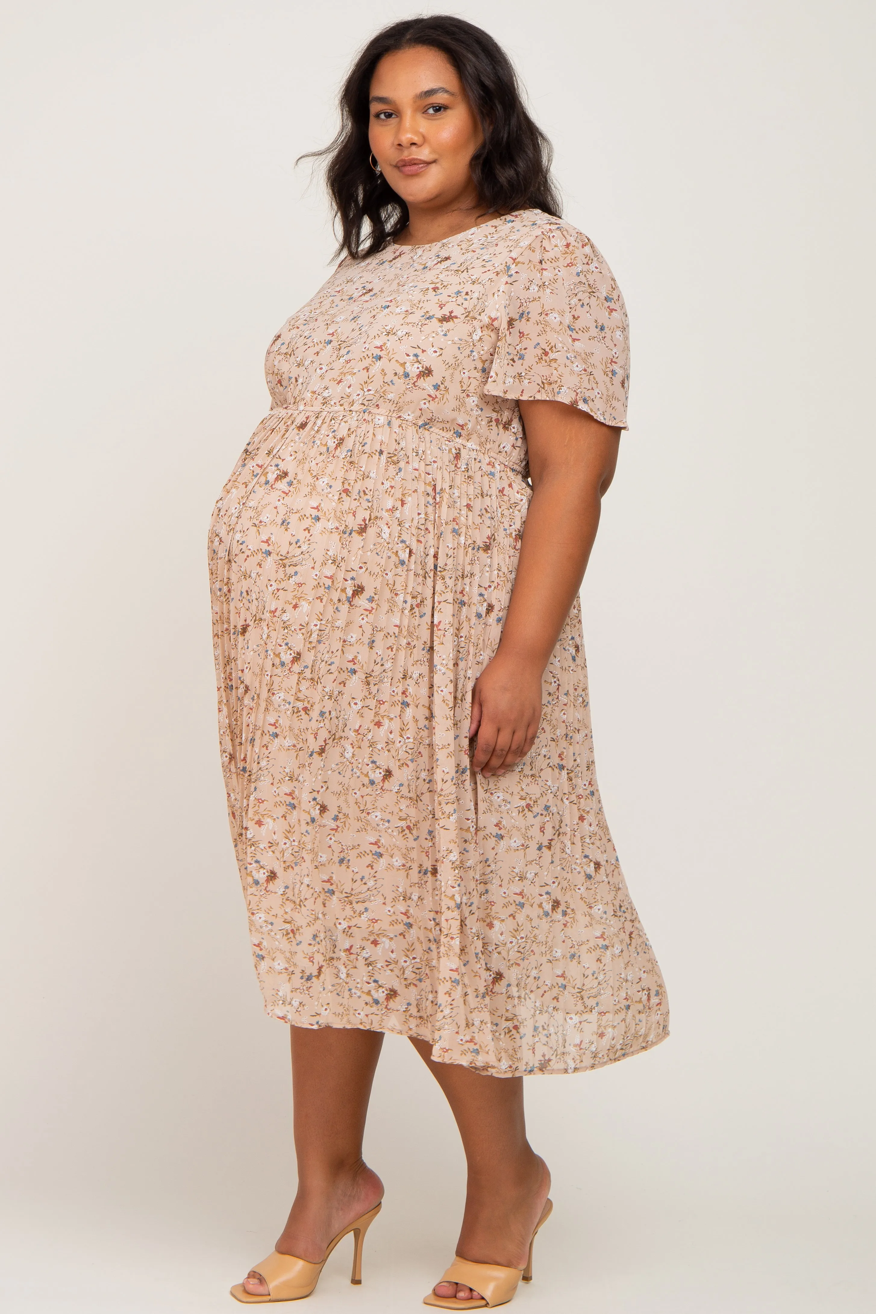 Beige Floral Pleated Chiffon Maternity Plus Midi Dress sold by Pinkblush product image thumbnail 2