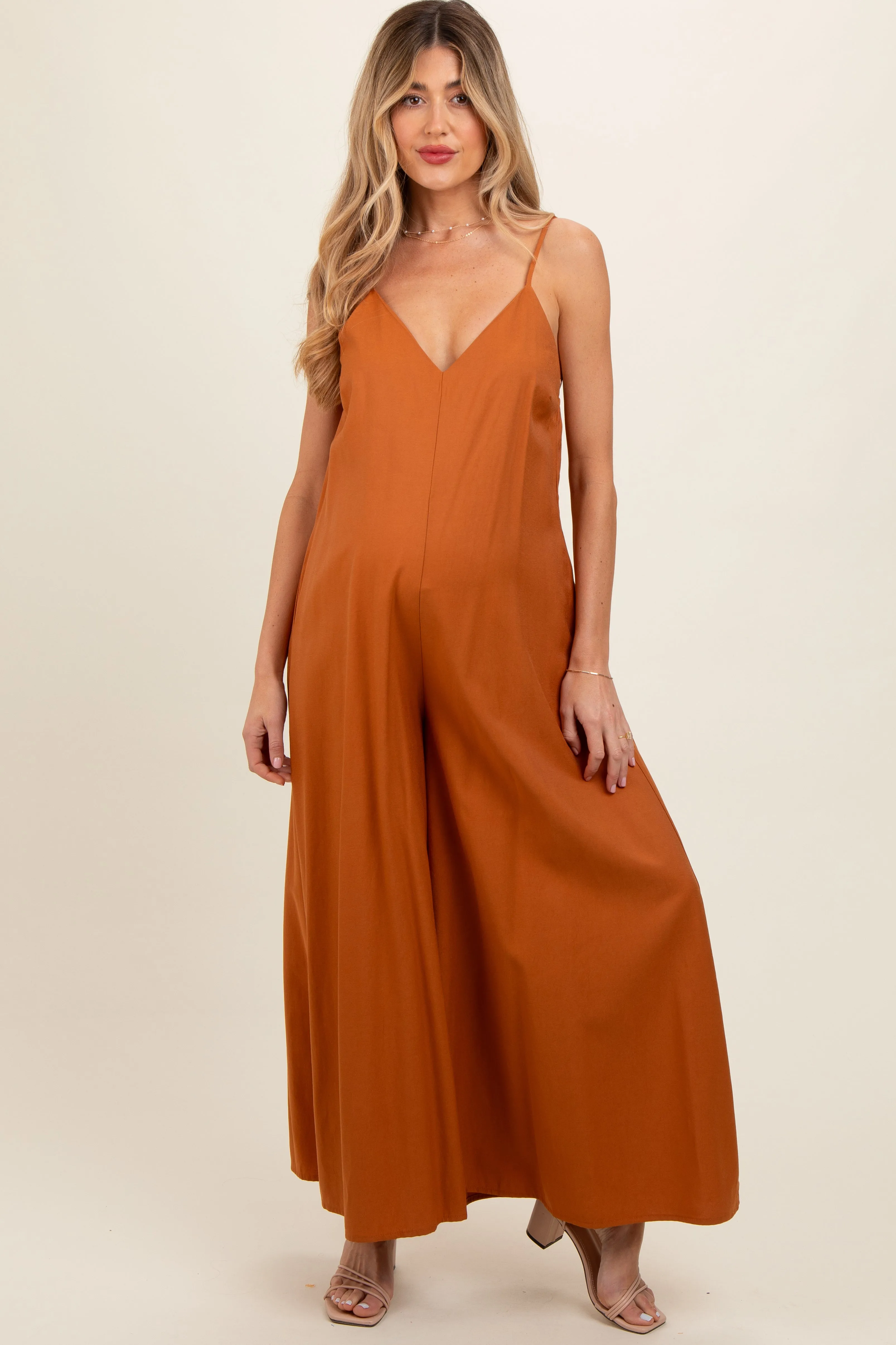 Rust V-Neck Sleeveless Wide Leg Maternity Jumpsuit sold by Pinkblush product image thumbnail 2