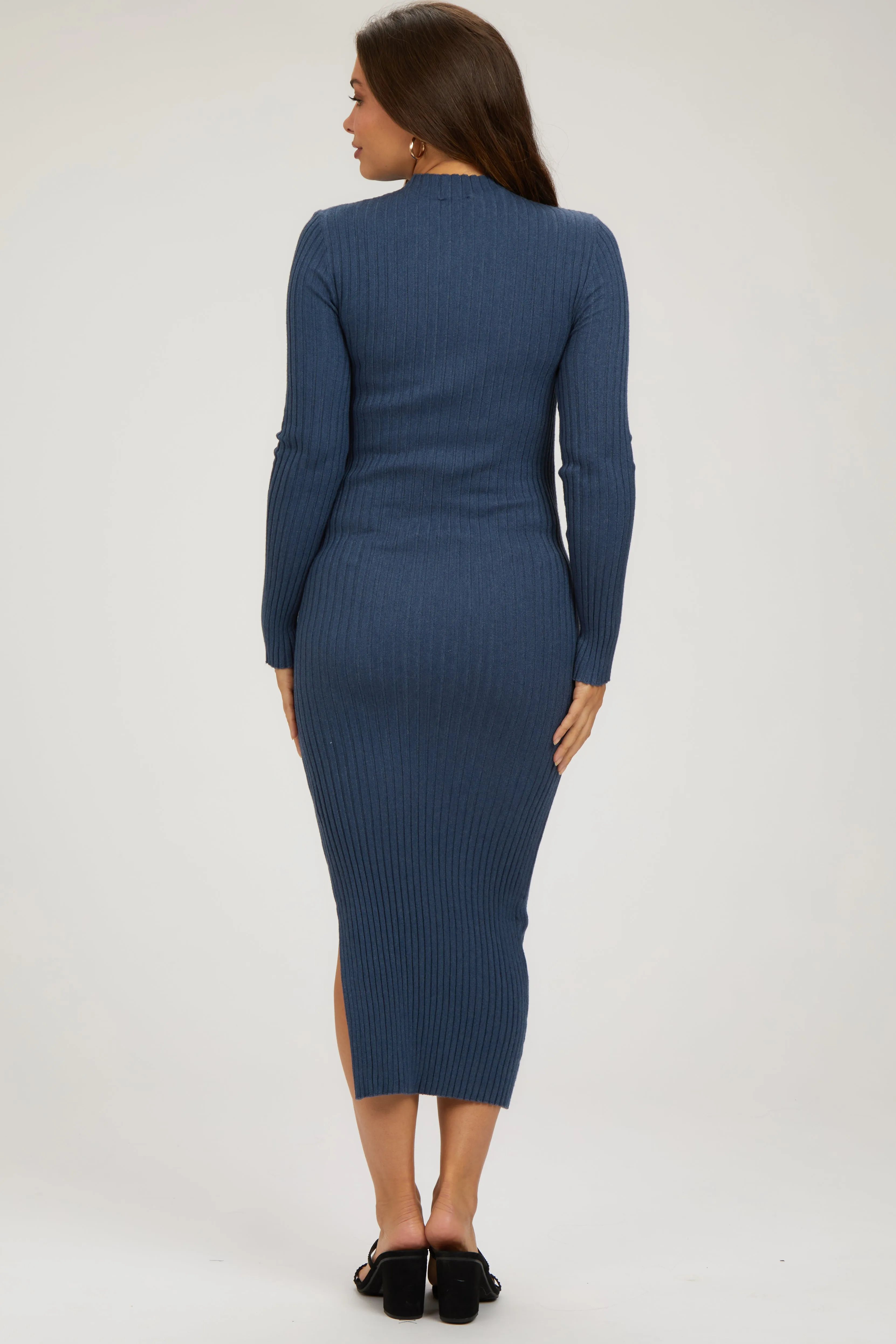 Navy Ribbed Mock Neck Side Slit Maternity Midi Dress sold by Pinkblush product image thumbnail 3