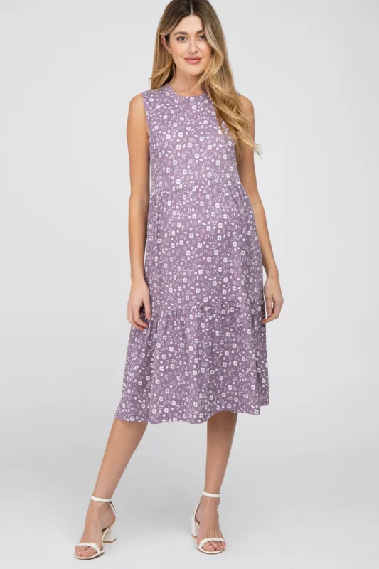 Purple Floral Ribbed Tiered Maternity Midi Dress sold by Pinkblush