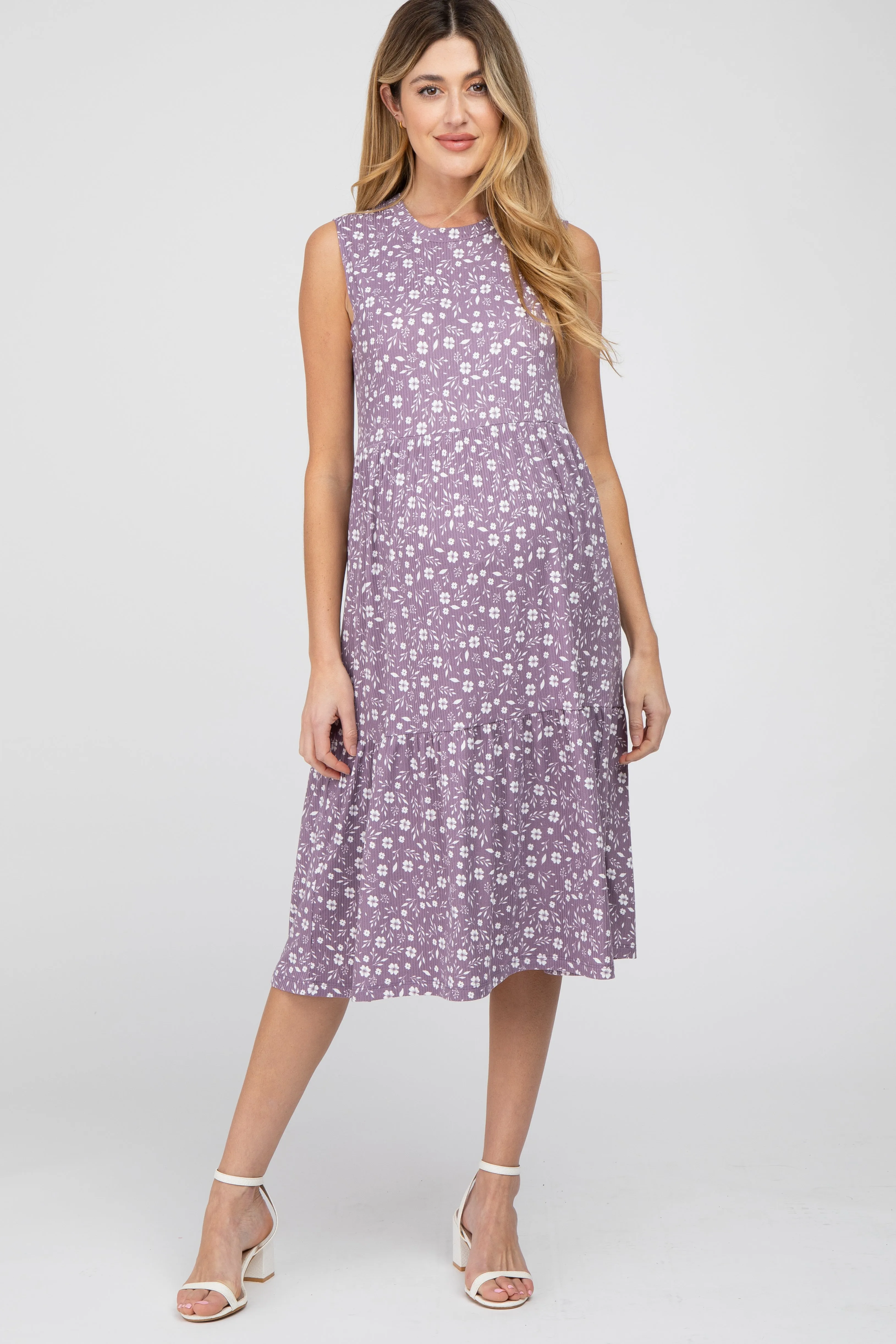 Purple Floral Ribbed Tiered Maternity Midi Dress sold by Pinkblush