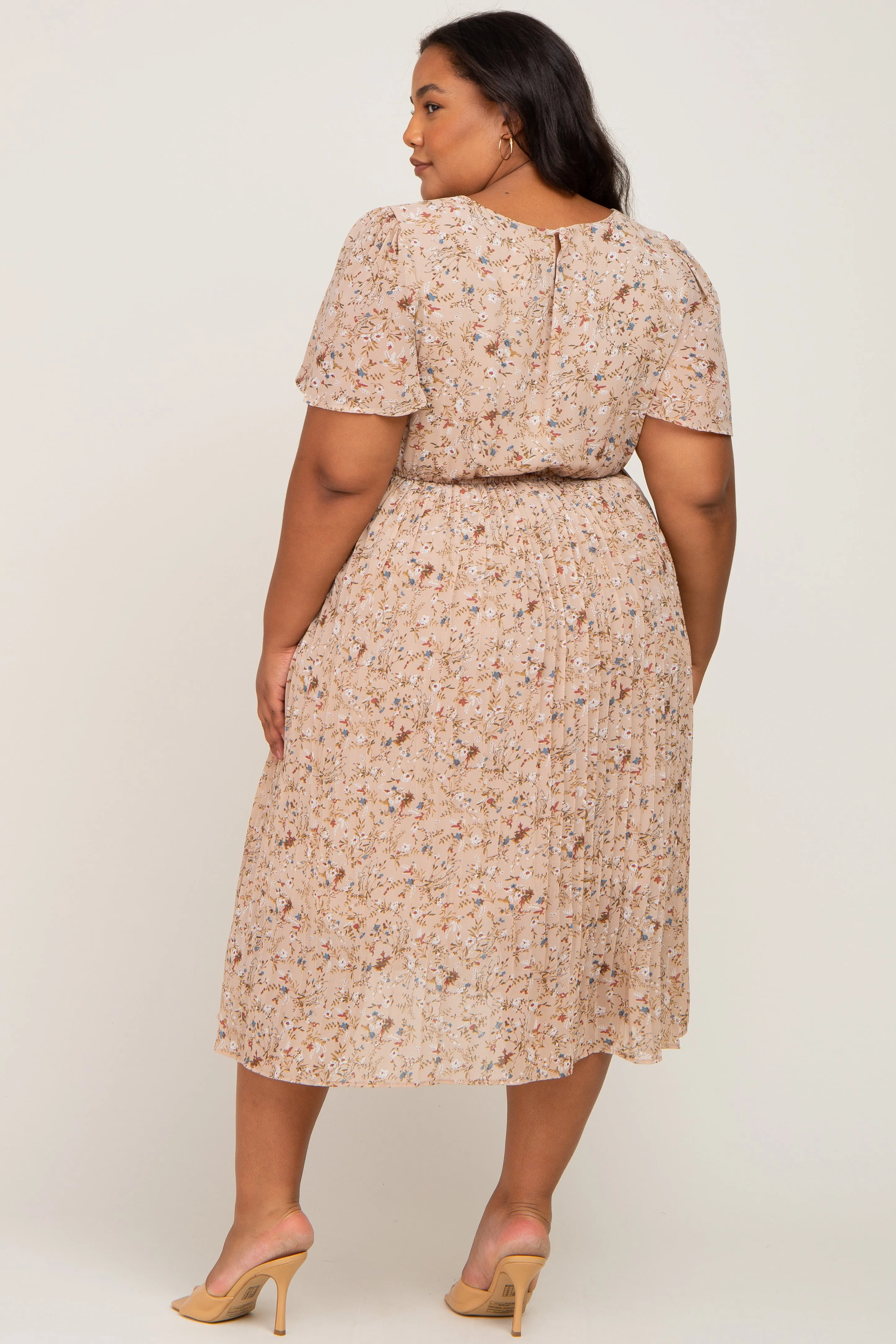 Beige Floral Pleated Chiffon Maternity Plus Midi Dress sold by Pinkblush product image thumbnail 3