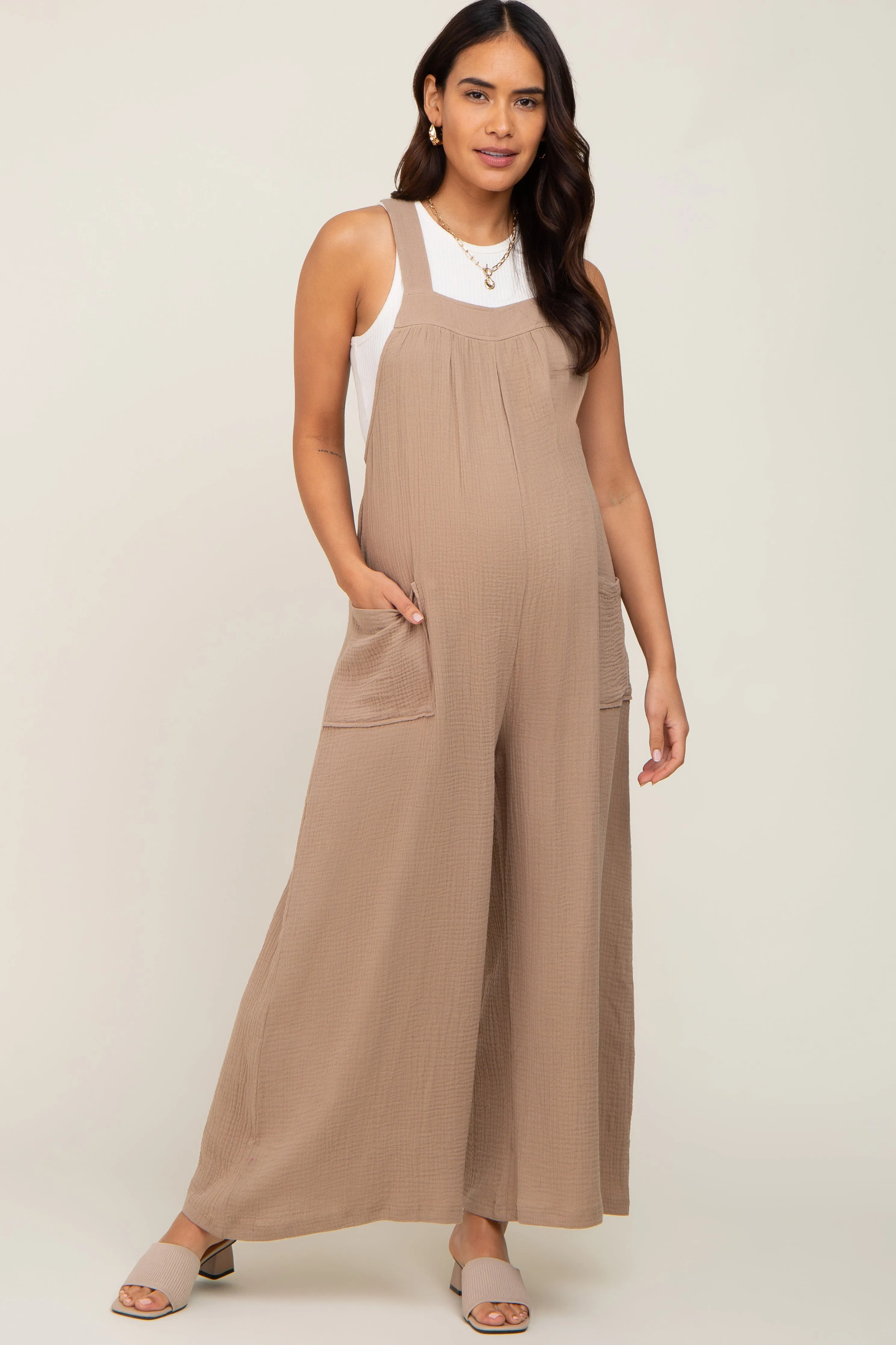 Beige Wide Leg Tie Back Maternity Overalls sold by Pinkblush product image thumbnail 4