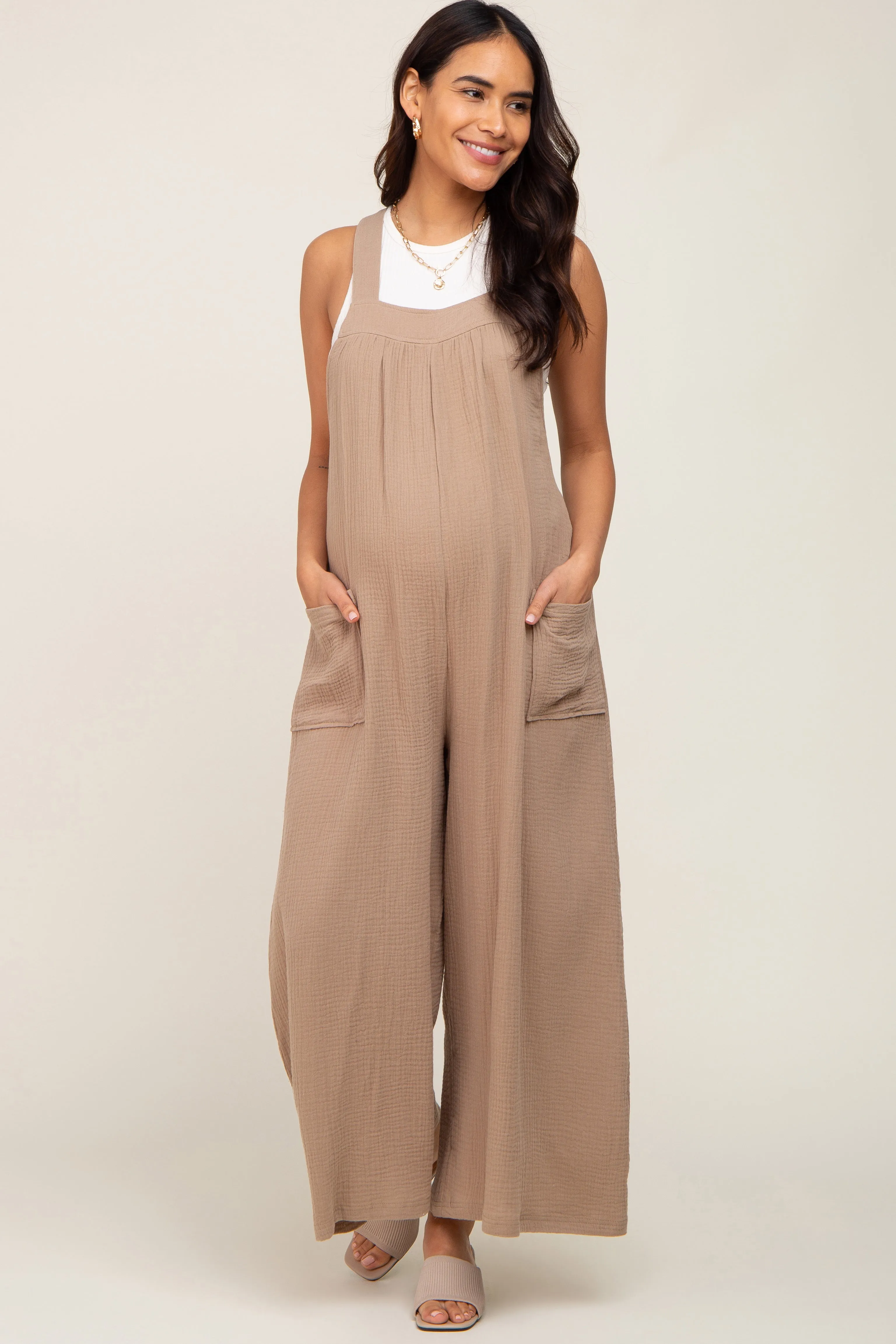 Beige Wide Leg Tie Back Maternity Overalls sold by Pinkblush