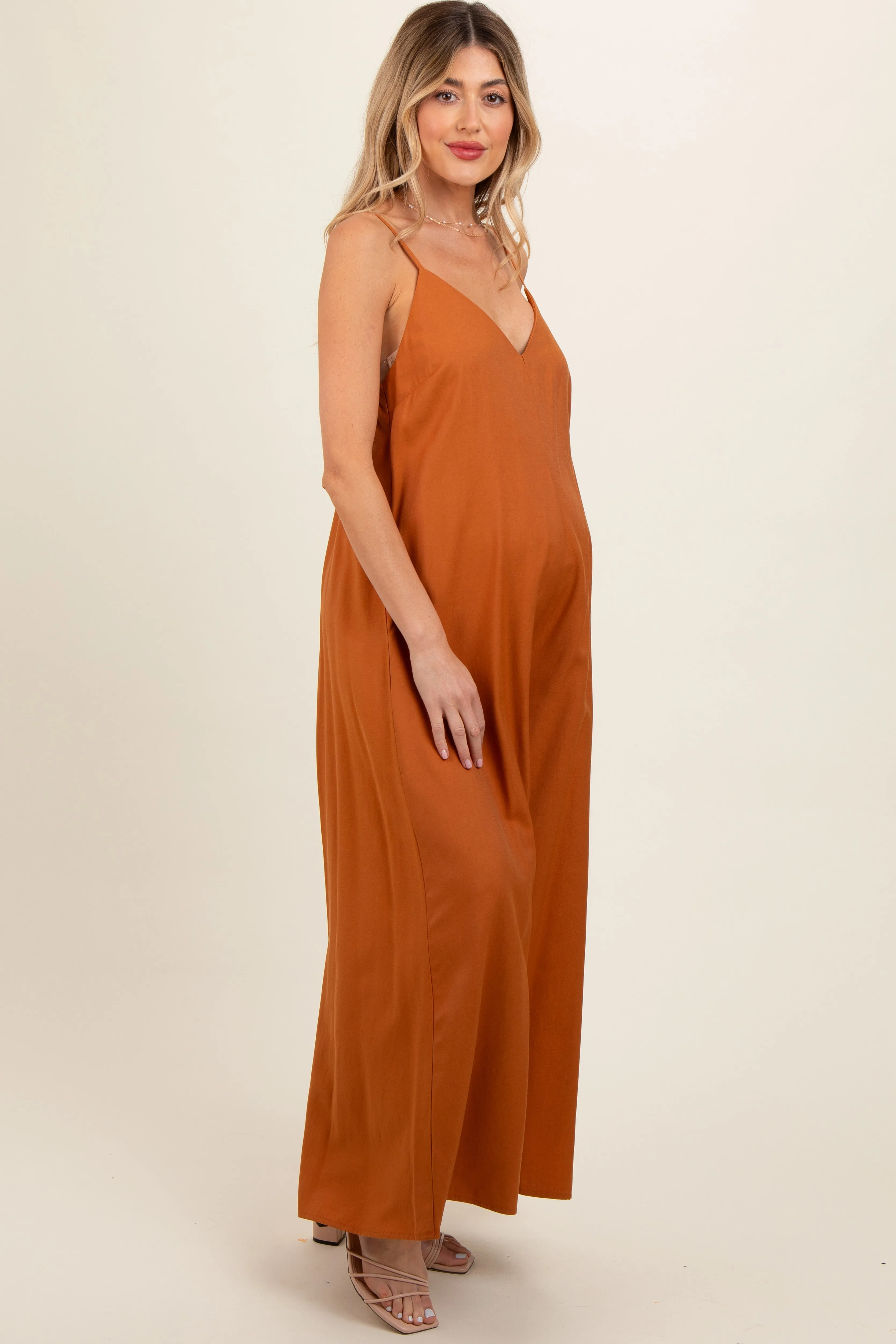 Rust V-Neck Sleeveless Wide Leg Maternity Jumpsuit sold by Pinkblush product image thumbnail 3