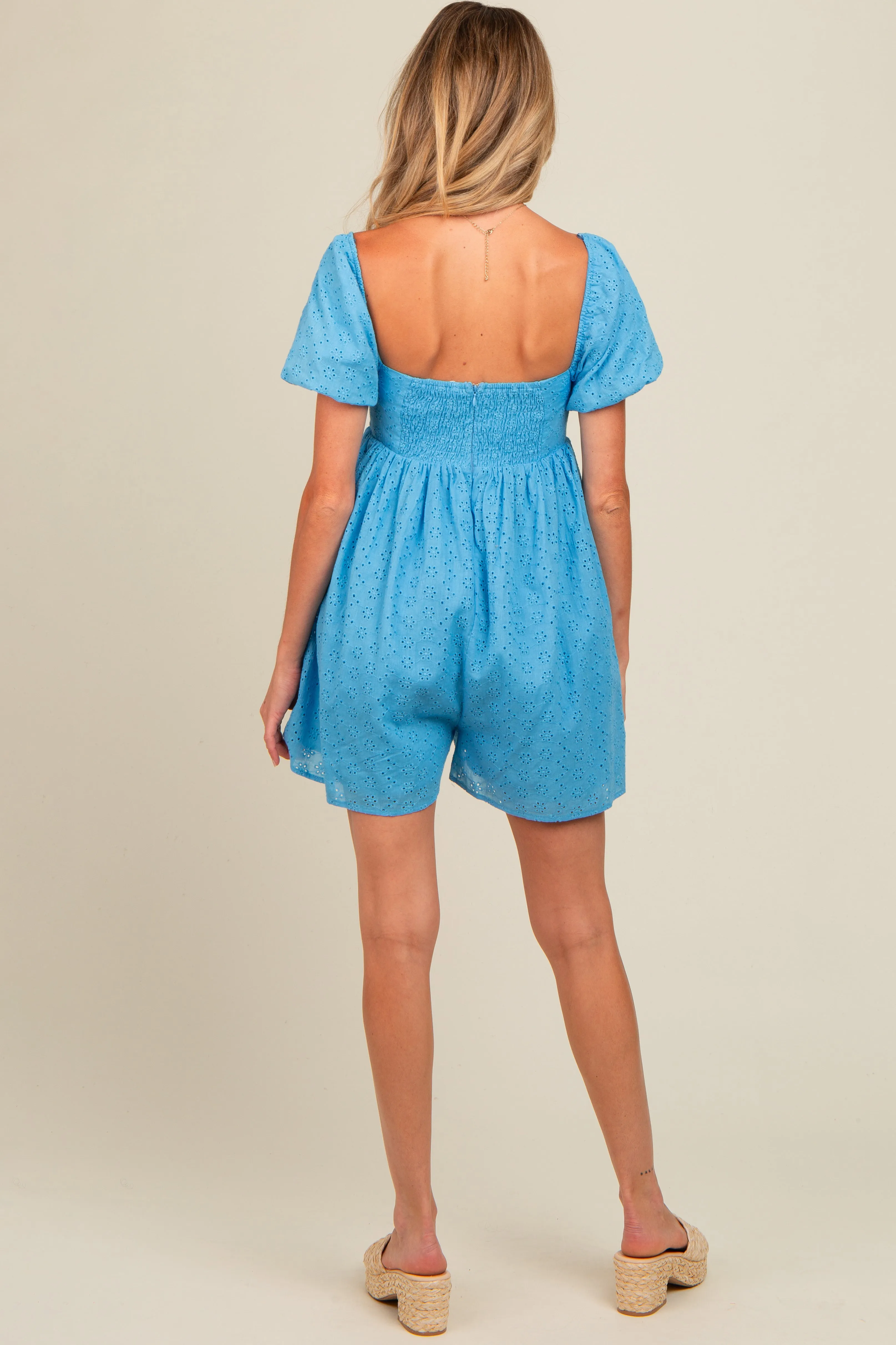 Blue Eyelet Lace Puff Sleeve Maternity Romper sold by Pinkblush product image thumbnail 3
