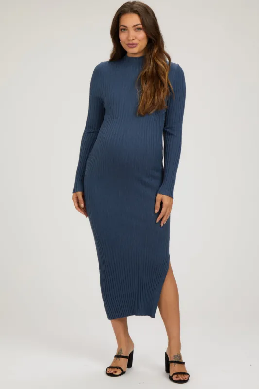 Navy Ribbed Mock Neck Side Slit Maternity Midi Dress sold by Pinkblush