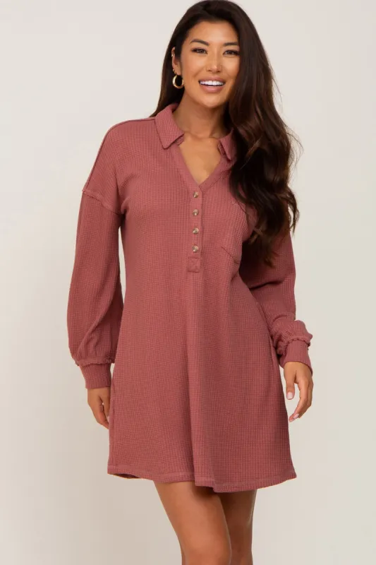 Mauve Waffle Knit Collared Long Sleeve Dress sold by Pinkblush