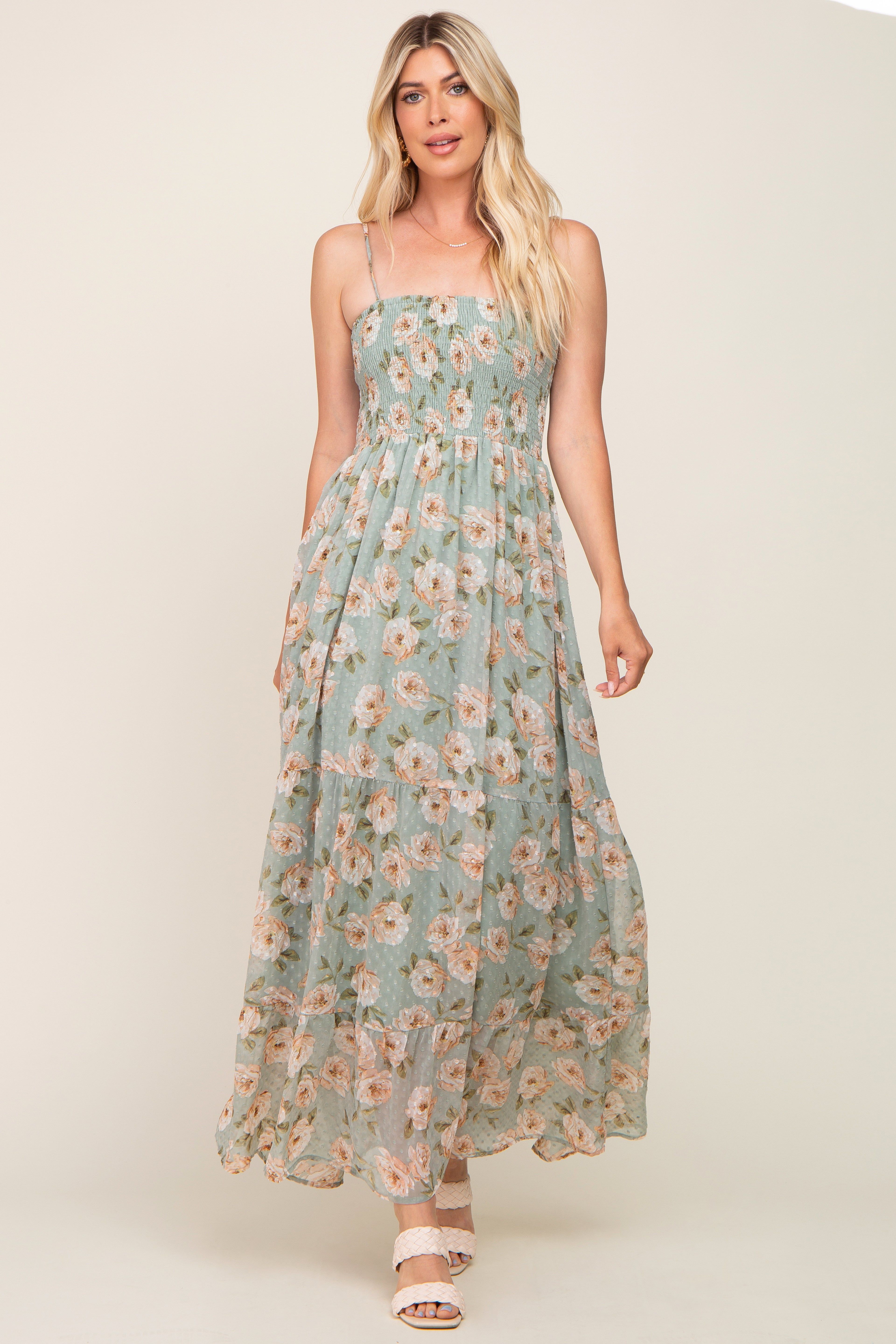 Mint Green Floral Swiss Dot Smocked Maxi Dress sold by Pinkblush product image thumbnail 4