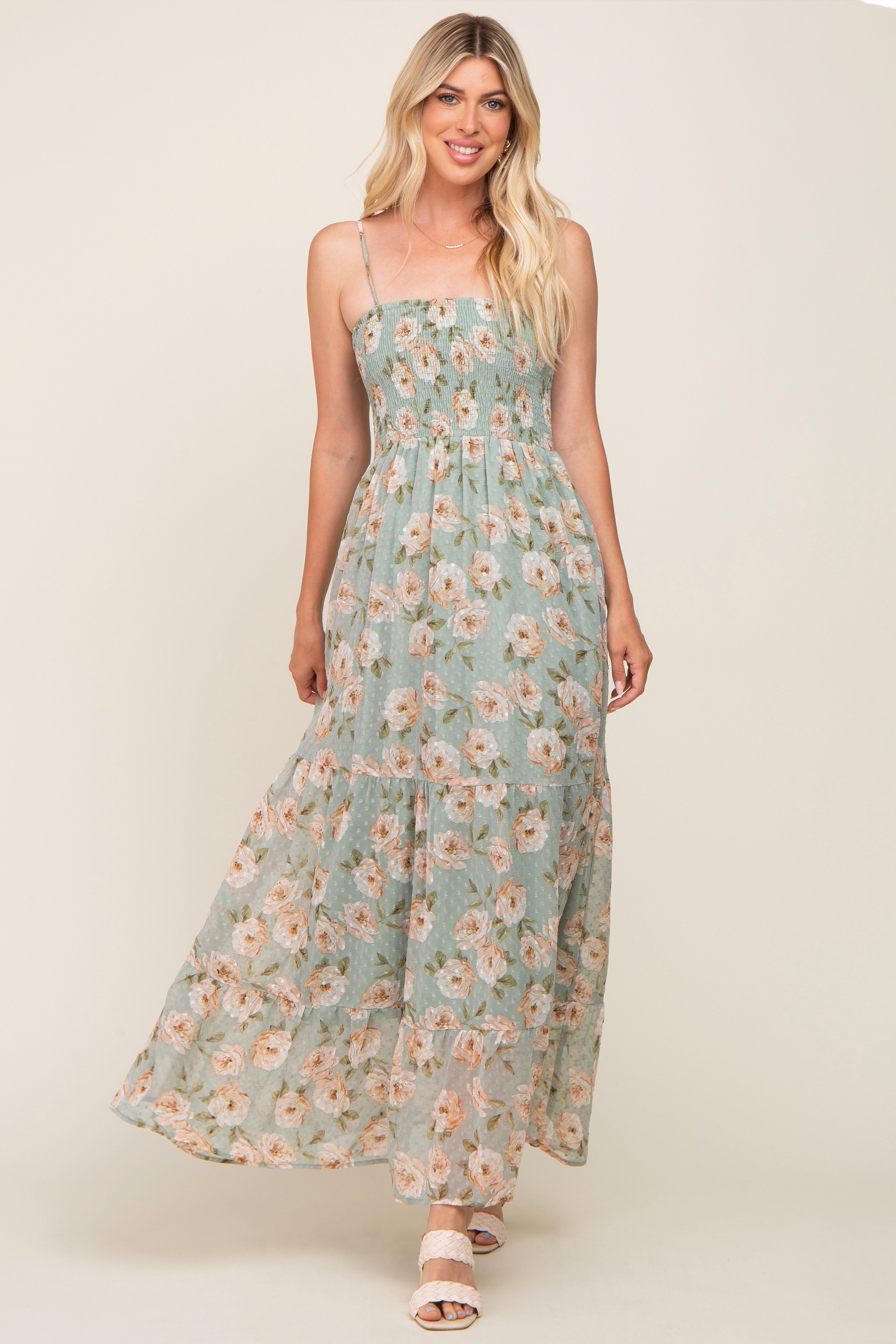 Mint Green Floral Swiss Dot Smocked Maxi Dress sold by Pinkblush