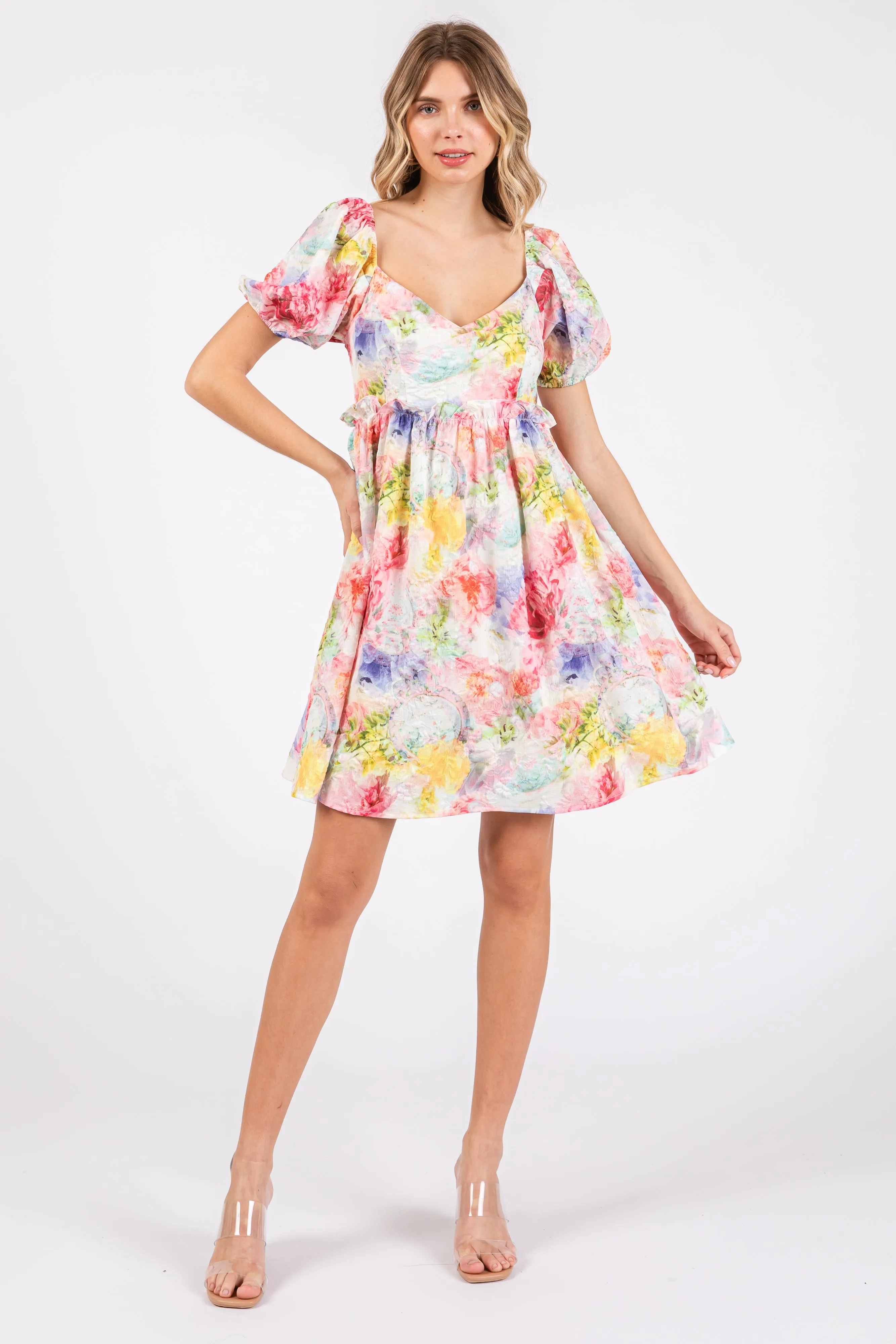 Multi-Color Floral V-Neck Short Puff Sleeve Ruffle Waist Dress sold by Pinkblush product image thumbnail 4