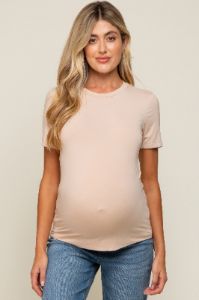 Beige Soft Knit Basic Maternity T-Shirt sold by Pinkblush