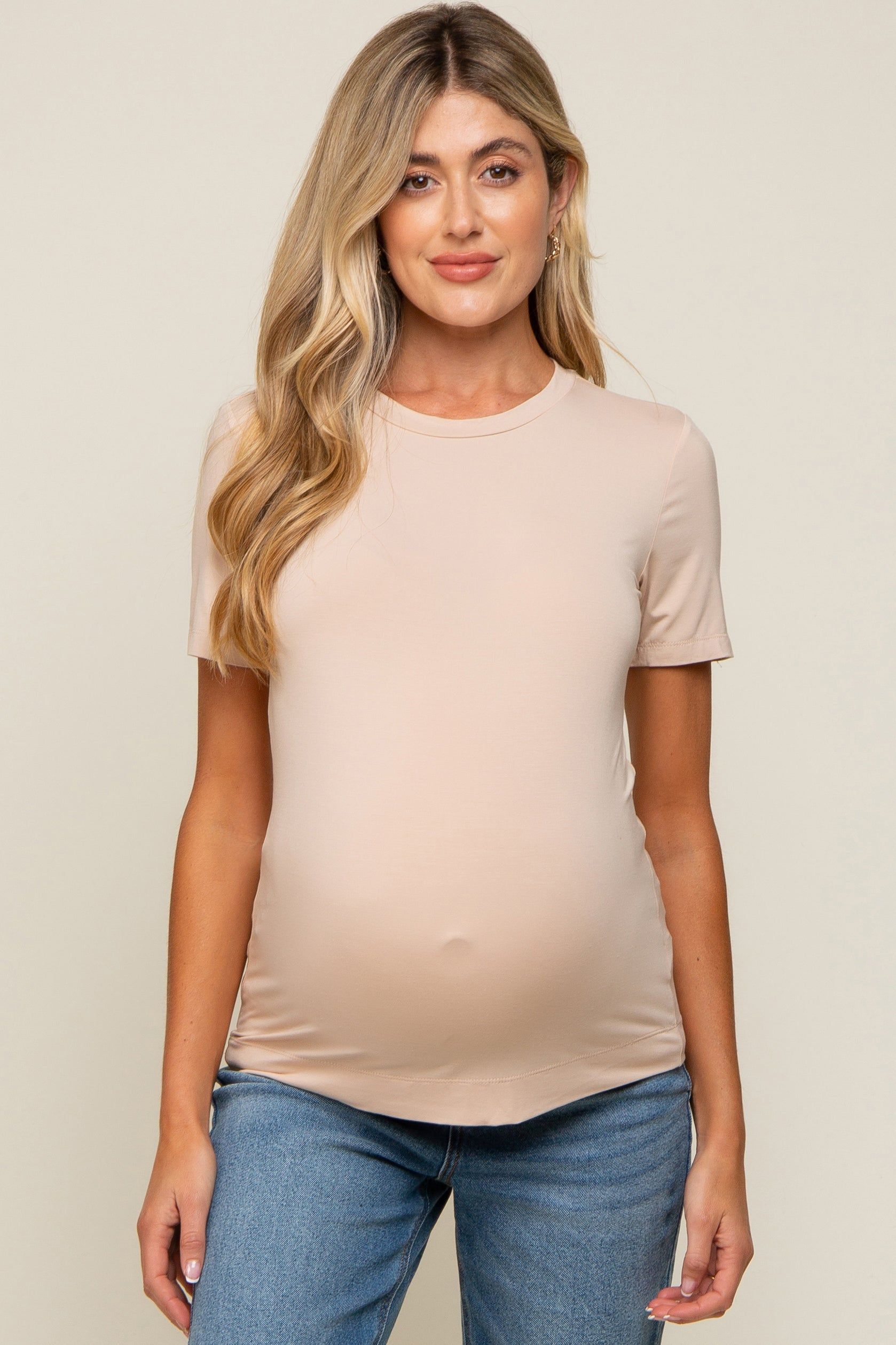 Beige Soft Knit Basic Maternity T-Shirt sold by Pinkblush