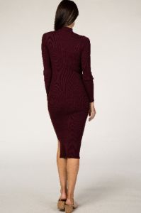 Burgundy Ribbed Fitted Mock Neck Long Sleeve Midi Dress sold by Pinkblush