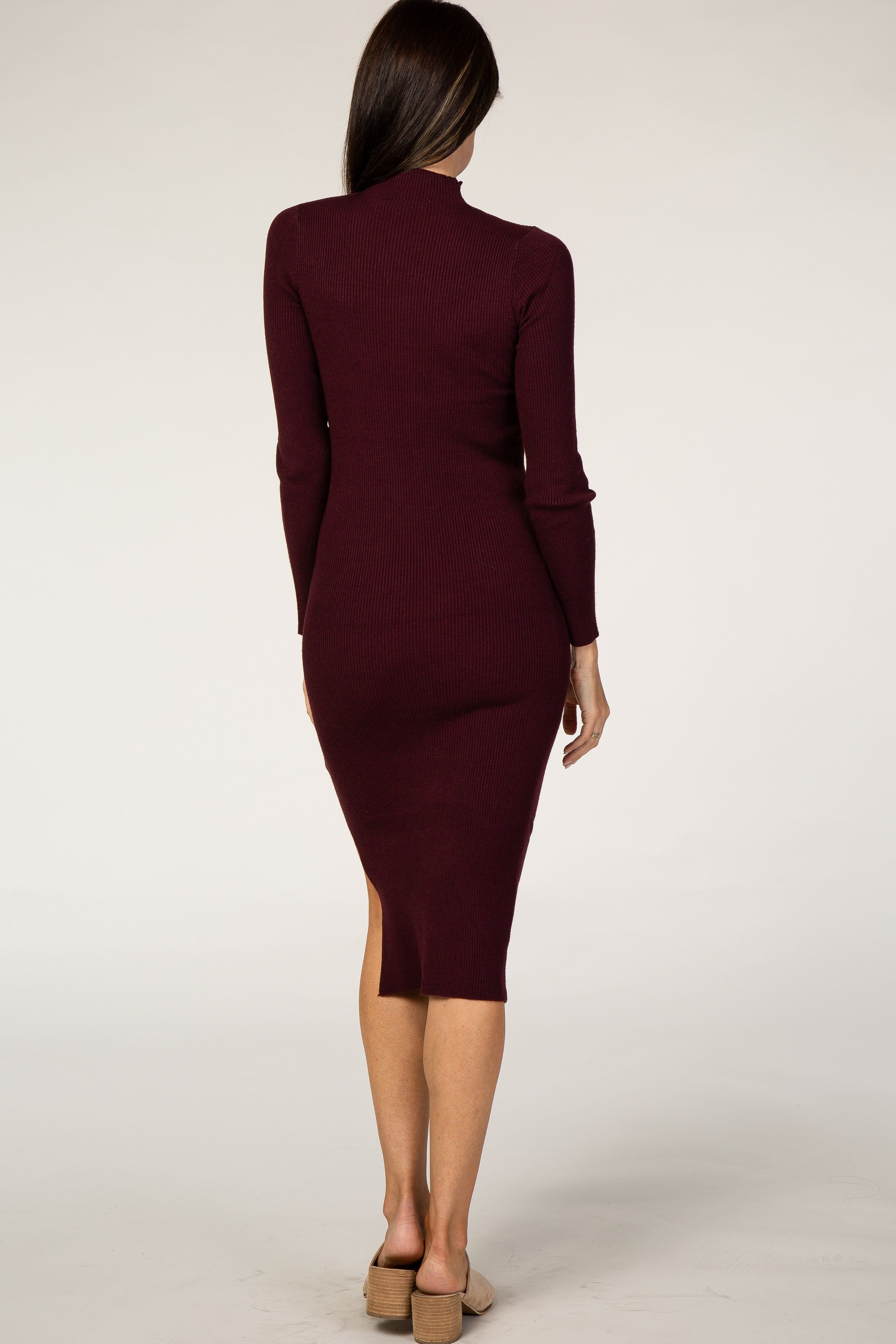 Burgundy Ribbed Fitted Mock Neck Long Sleeve Midi Dress sold by Pinkblush product image thumbnail 3