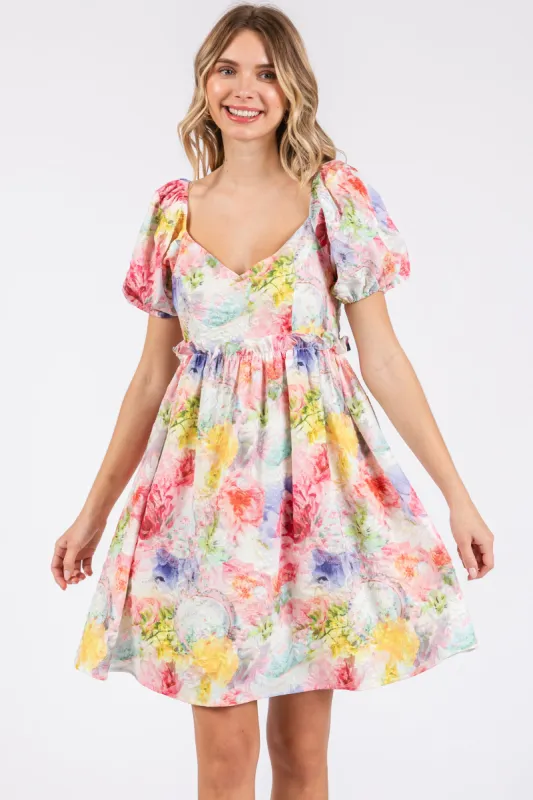 Multi-Color Floral V-Neck Short Puff Sleeve Ruffle Waist Dress sold by Pinkblush