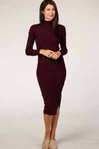 Burgundy Ribbed Fitted Mock Neck Long Sleeve Midi Dress sold by Pinkblush